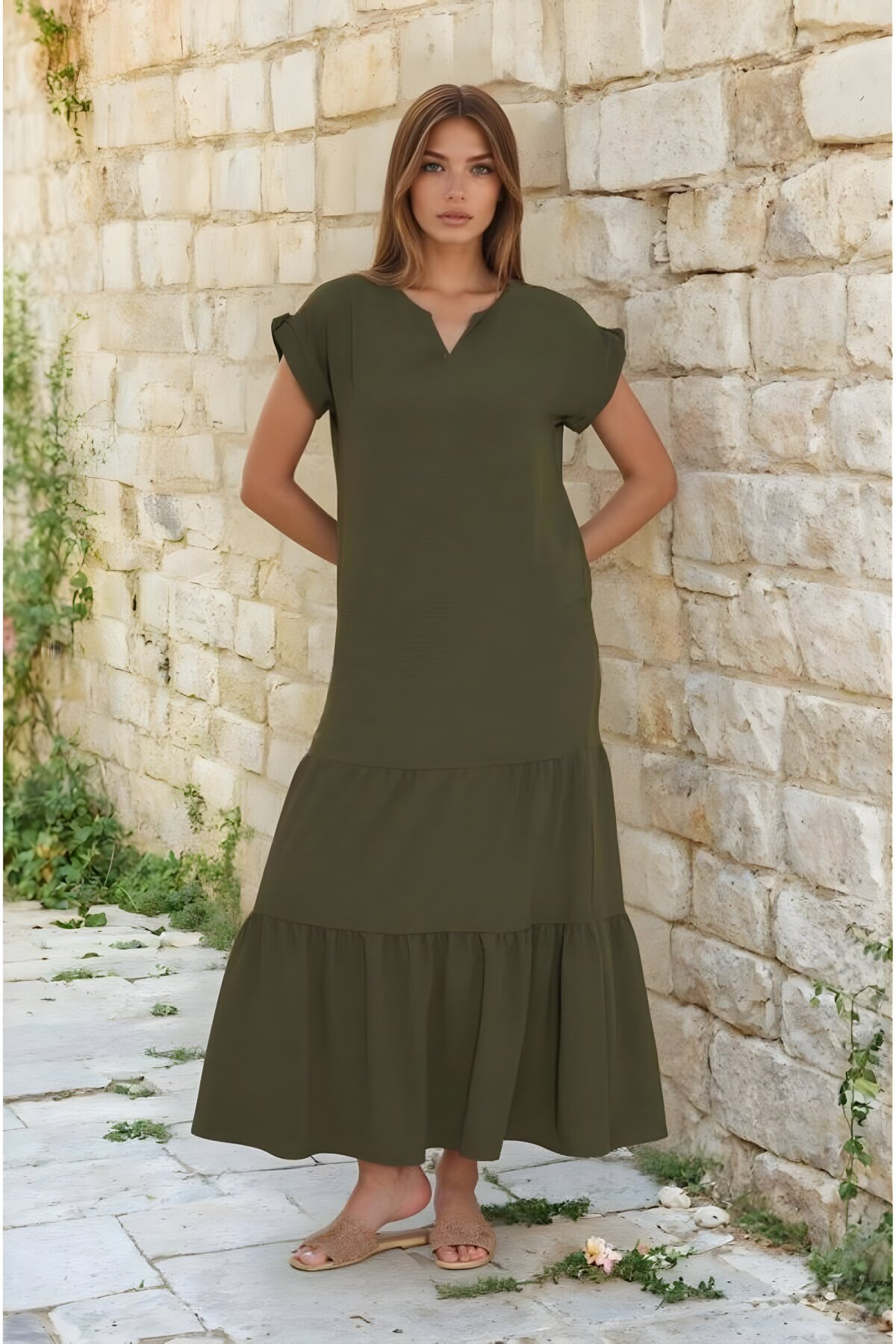 Loose Relaxed Fit Short-Sleeve Epaulet-Detail Ruffled-Hem Dress - Khaki - Pasaklı Giyim