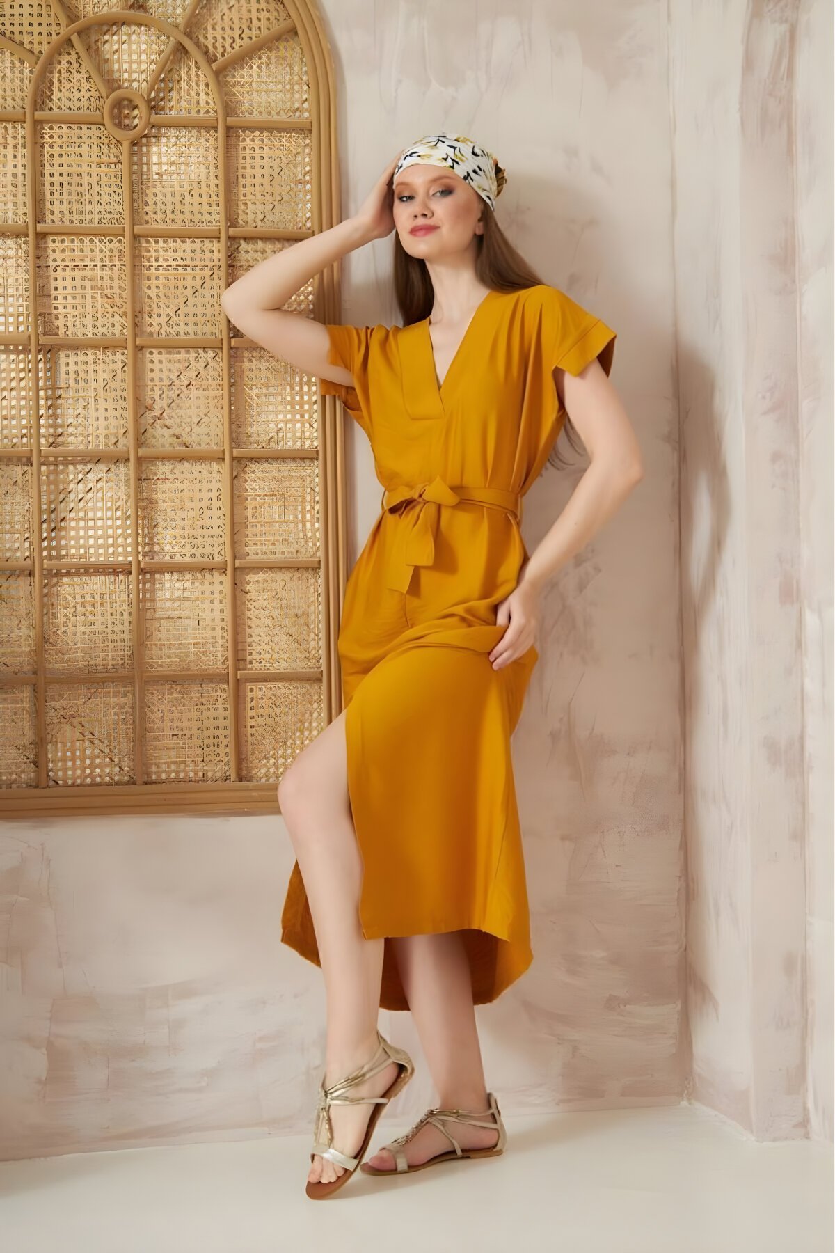 Long Relaxed Fit Linen Short-Sleeved Belted Slit Dress - Mustard - Pasaklı Giyim
