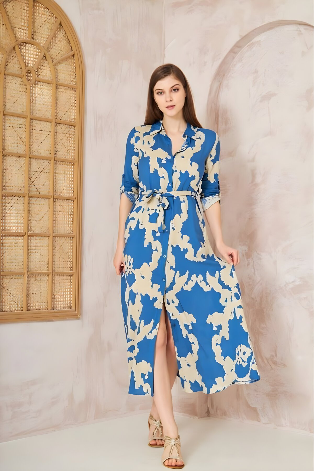 Midi Slim Fit Summer Belted Long Sleeve Dress - Indigo - Pasaklı Giyim