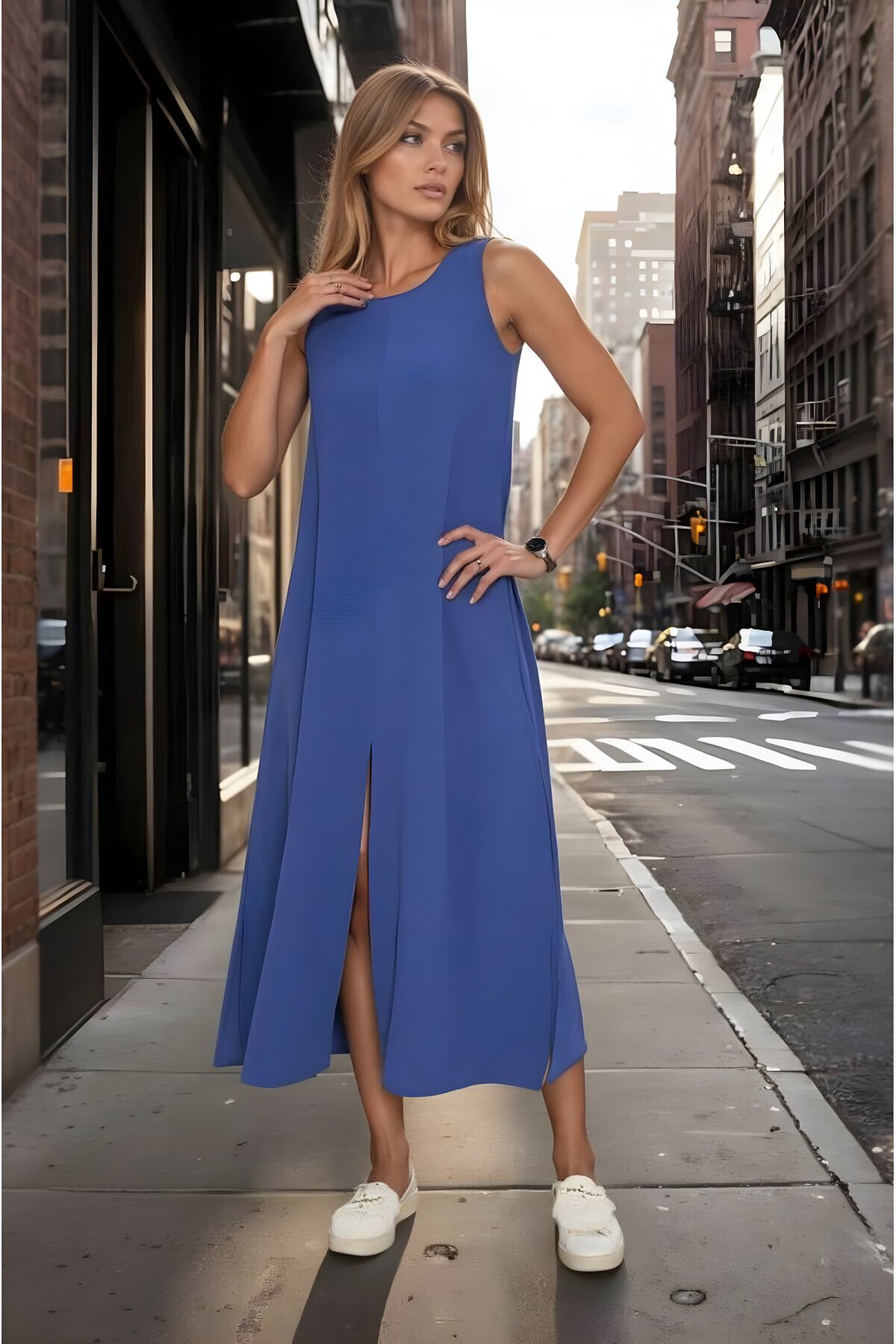 İndigo Yazlık Midi A Kesim Sıfır Kol Yırtmaçlı Aerobin Kumaş Elbise - Pasaklı Giyim