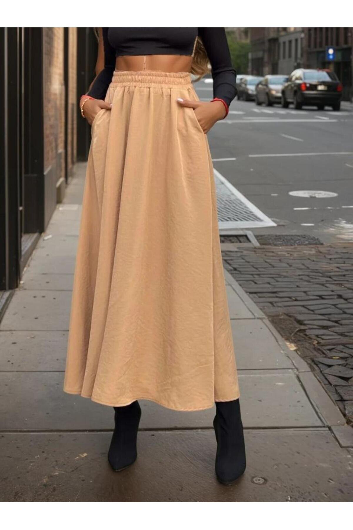 Long Relaxed A-Line Cupro Elastic High-Waist Skirt - Caramel - Pasaklı Giyim