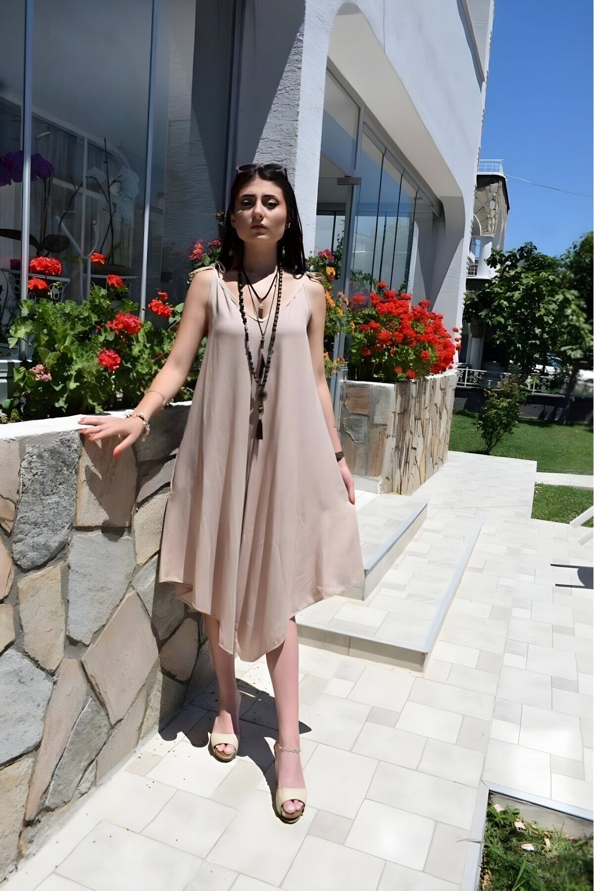 Loose Culotte Viscose Asymmetrical-Strap Pocketed Jumpsuit - Cream - Pasaklı Giyim