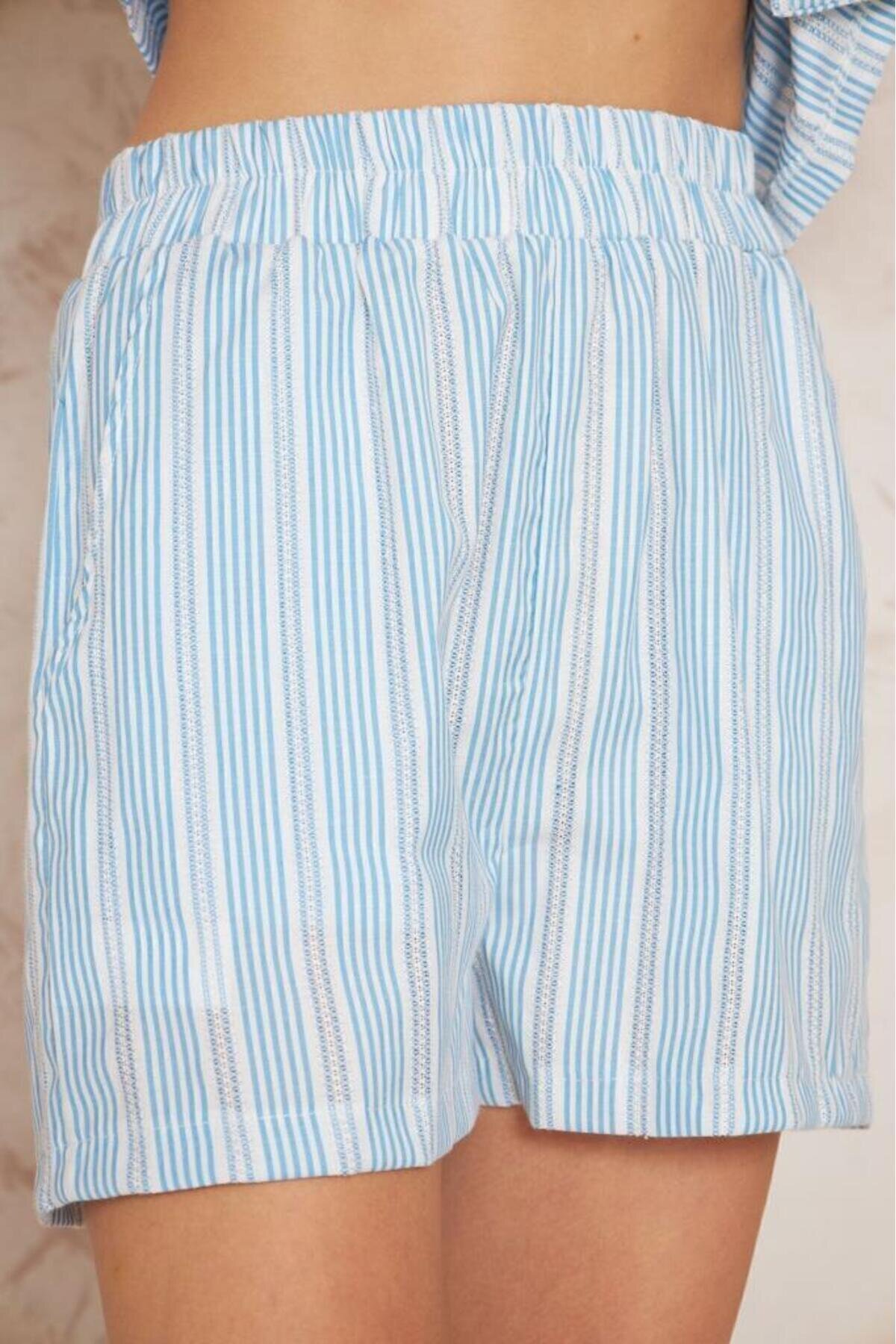 Short Sleeve Jacket Collar Shorts Two-Piece Set - Blue/White - Pasaklı Giyim