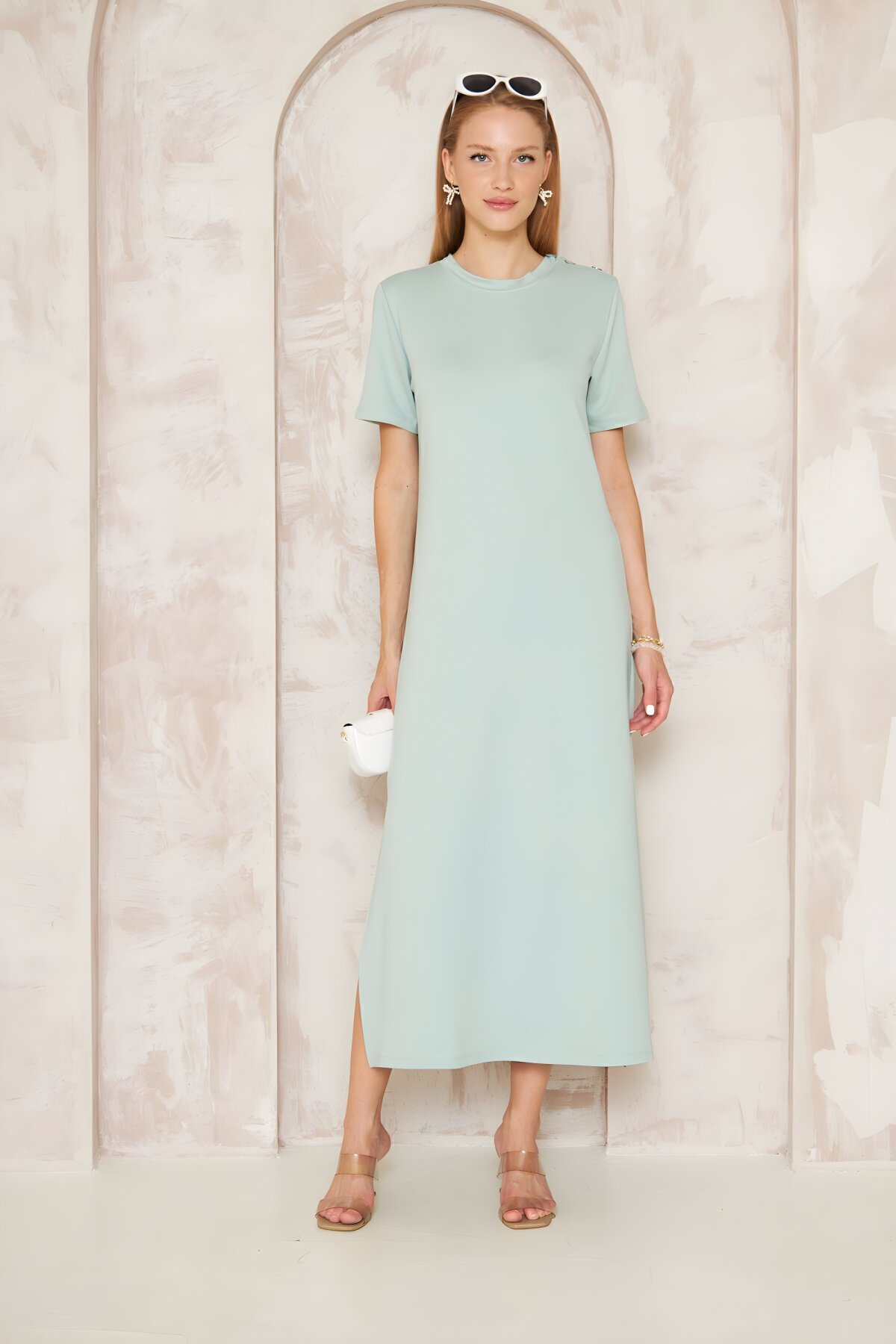 Long Casual Sporty Short-Sleeved Shoulder-Buttoned Slit Dress - Mint - Pasaklı Giyim