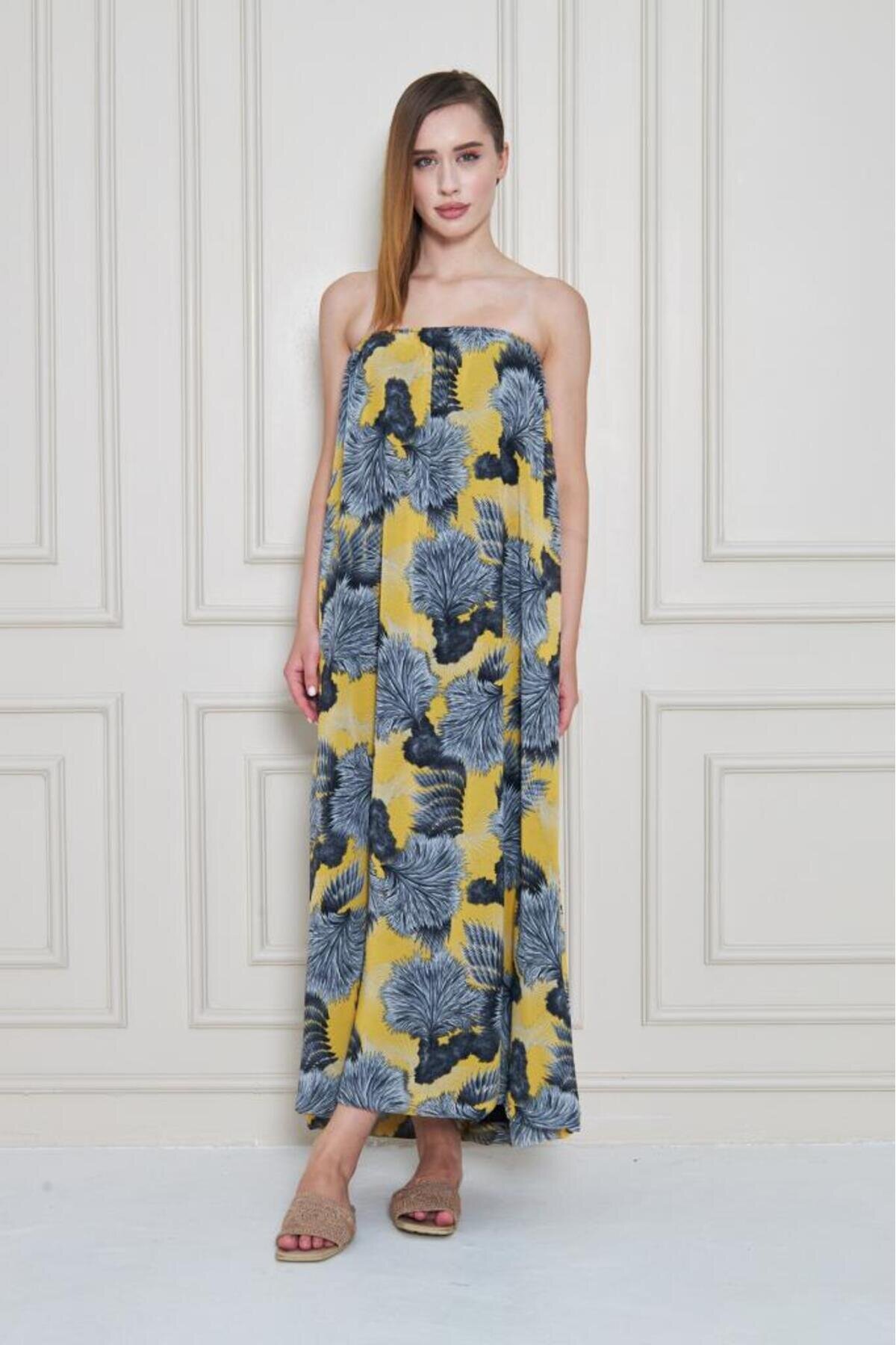 Midi Chiffon Spaghetti Strap Dress - Yellow - Pasaklı Giyim