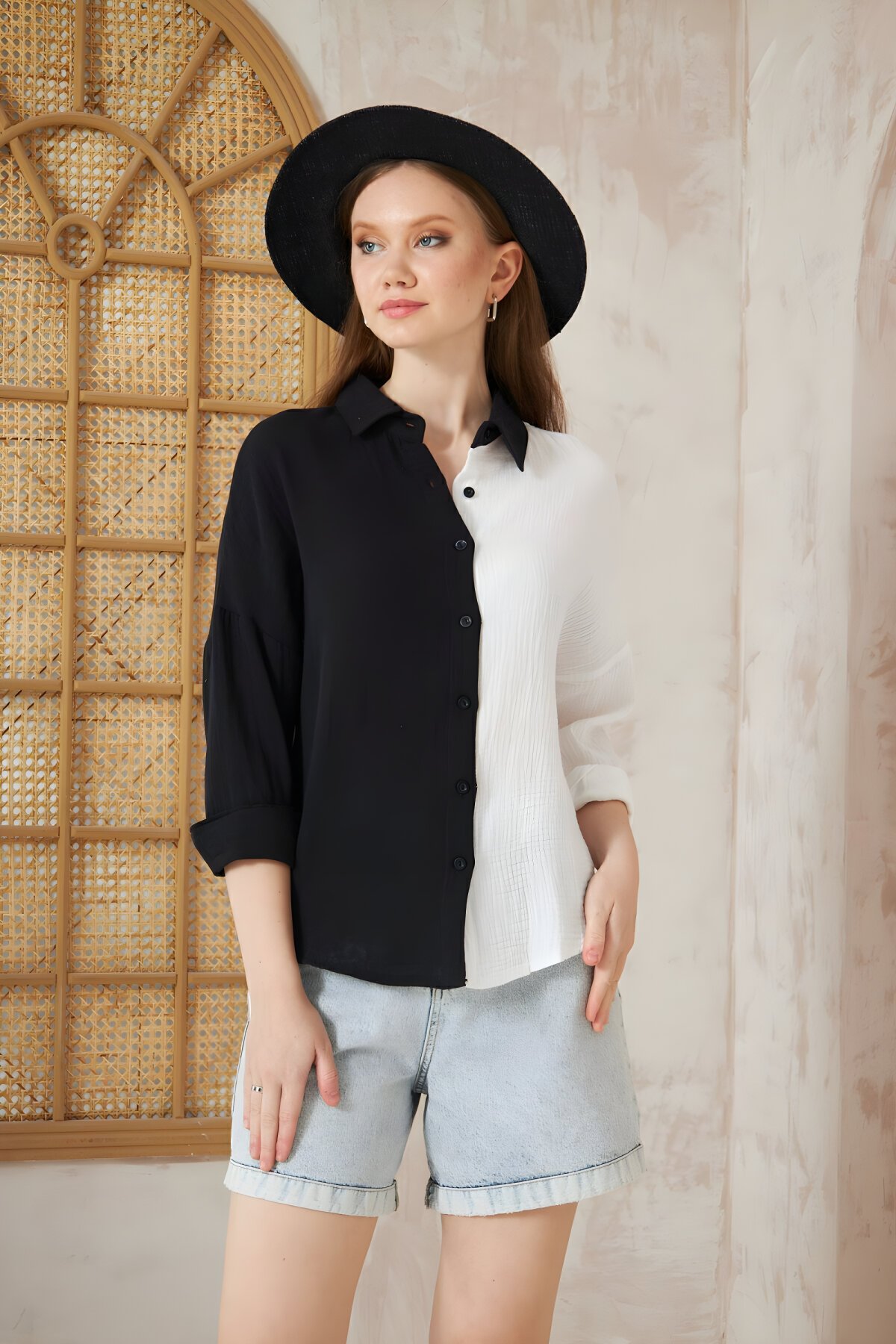 Loose Fit Color Block 100% Cotton Muslin Two-Piece Long Sleeve Shirt - Black White - Pasaklı Giyim