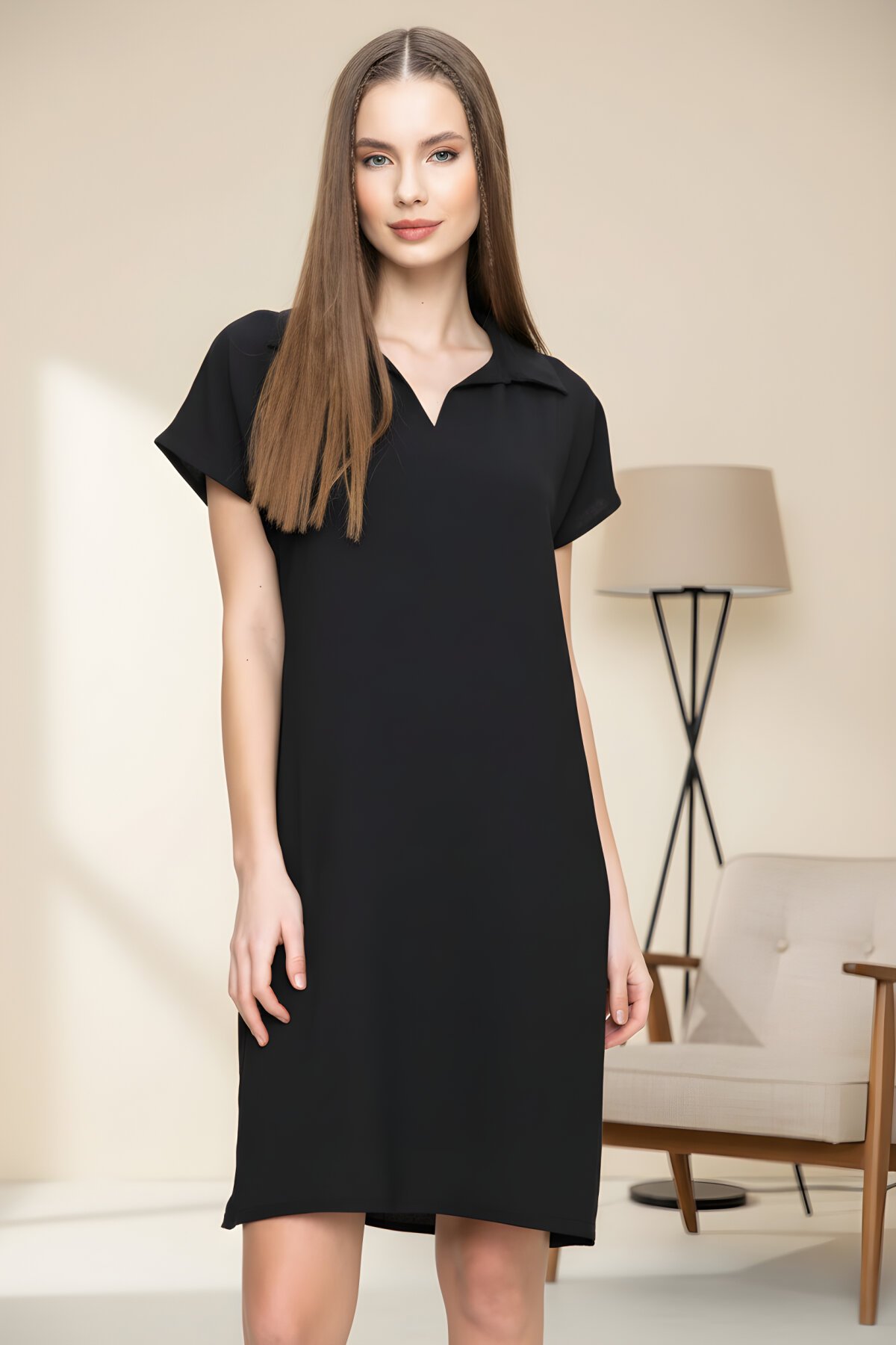 Midi Loose-Fit Short-Sleeve Polo-Collar Dress - Black - Pasaklı Giyim