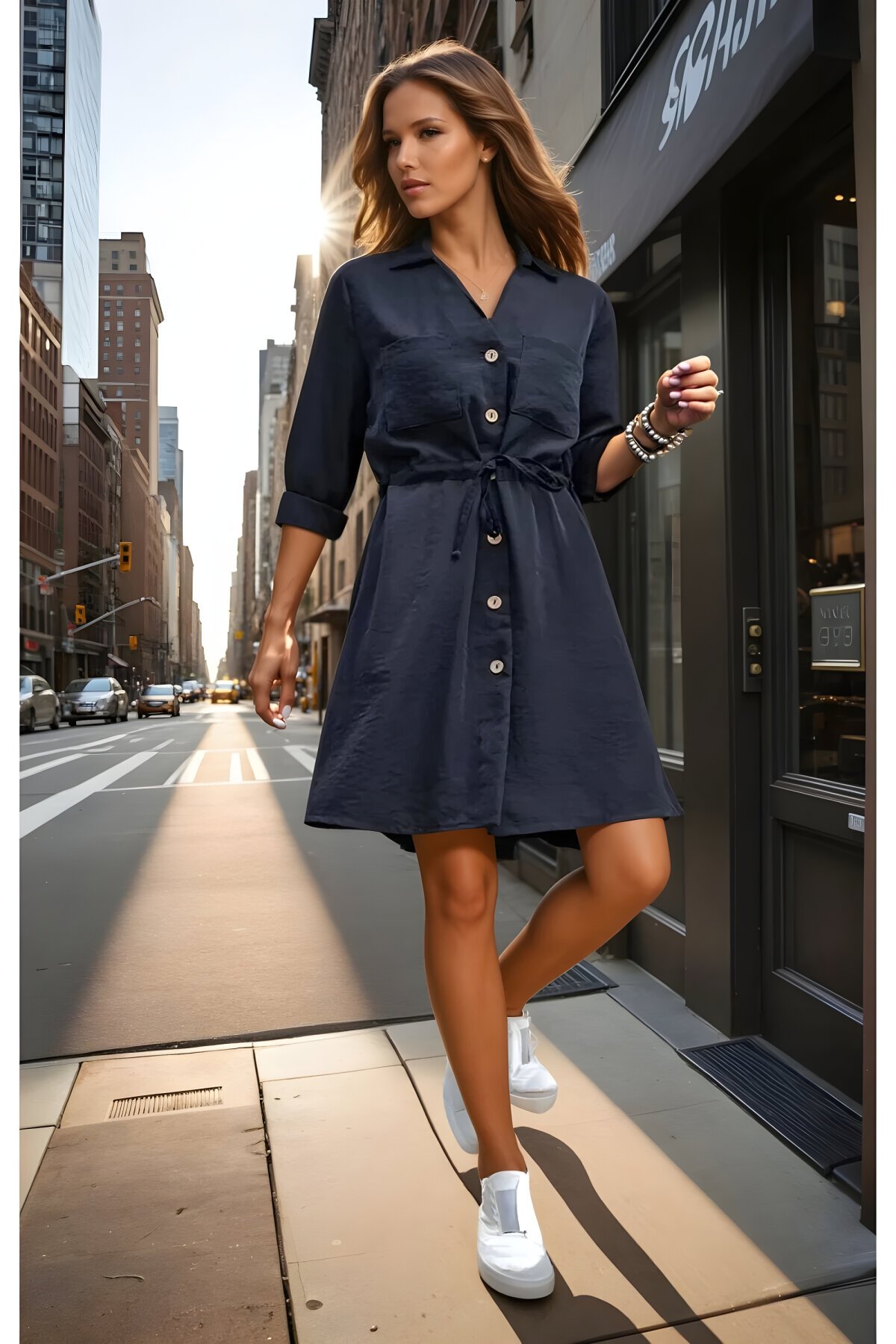 فستان قصير فضفاض قصة A أسود كوبرا بأكمام طويلة ورباط خصر وأزرار - Pasaklı Giyim