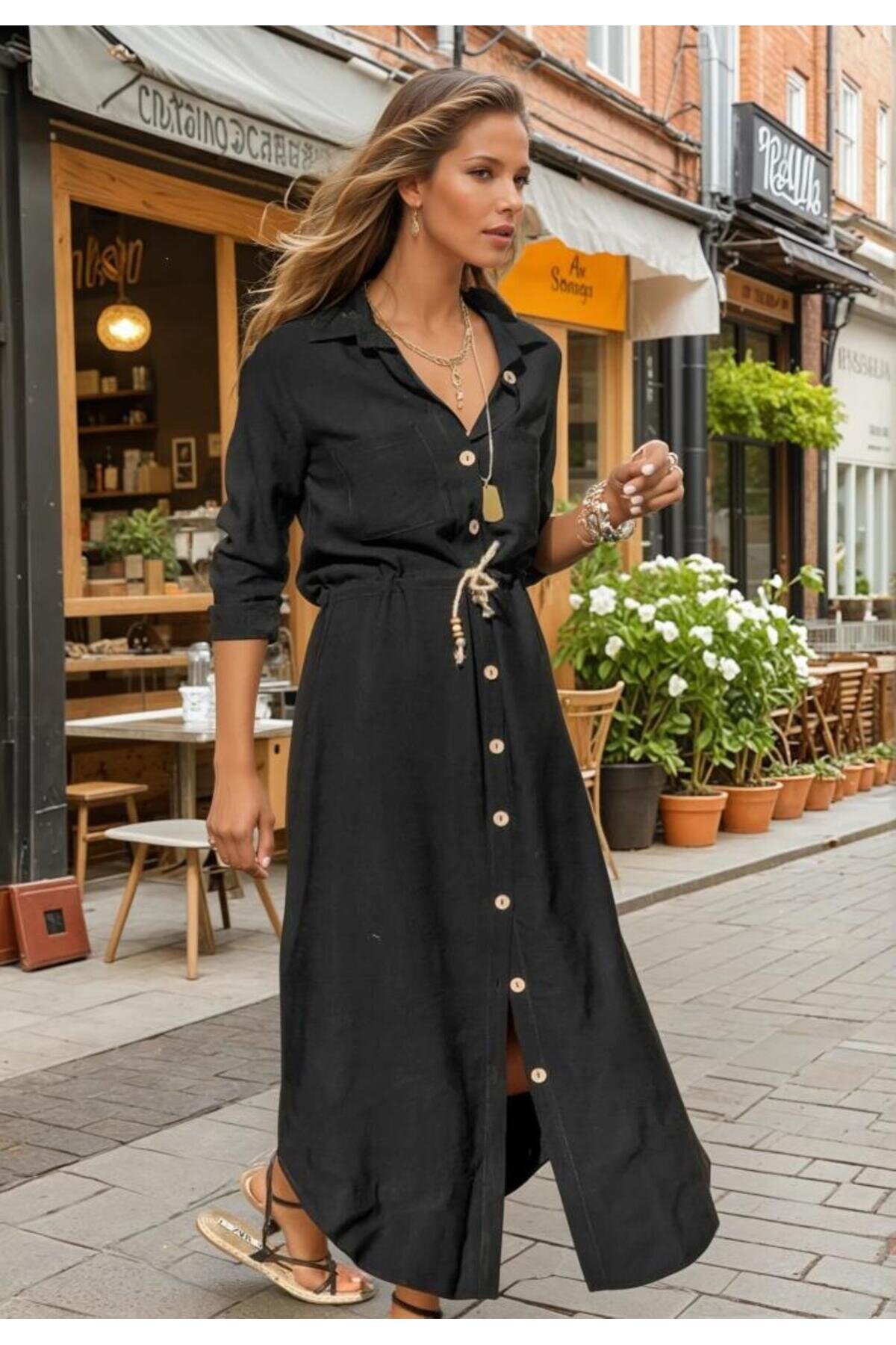 Midi Long-Sleeve Linen Shirt Dress with Gathered Waist - Black - Pasaklı Giyim