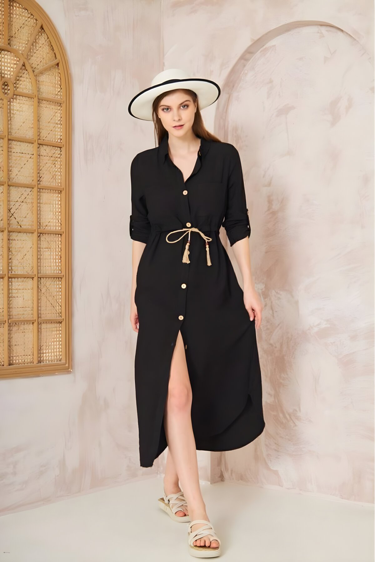 Midi Long-Sleeve Linen Shirt Dress with Gathered Waist - Black - Pasaklı Giyim
