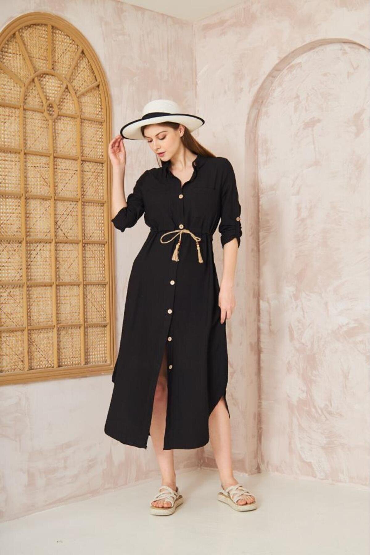 Midi Long-Sleeve Linen Shirt Dress with Gathered Waist - Black - Pasaklı Giyim