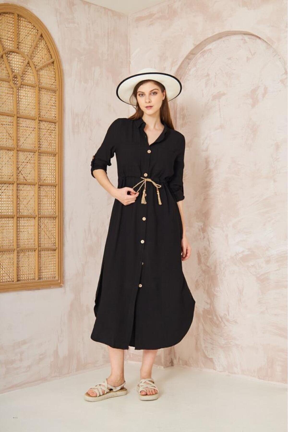 Midi Long-Sleeve Linen Shirt Dress with Gathered Waist - Black - Pasaklı Giyim