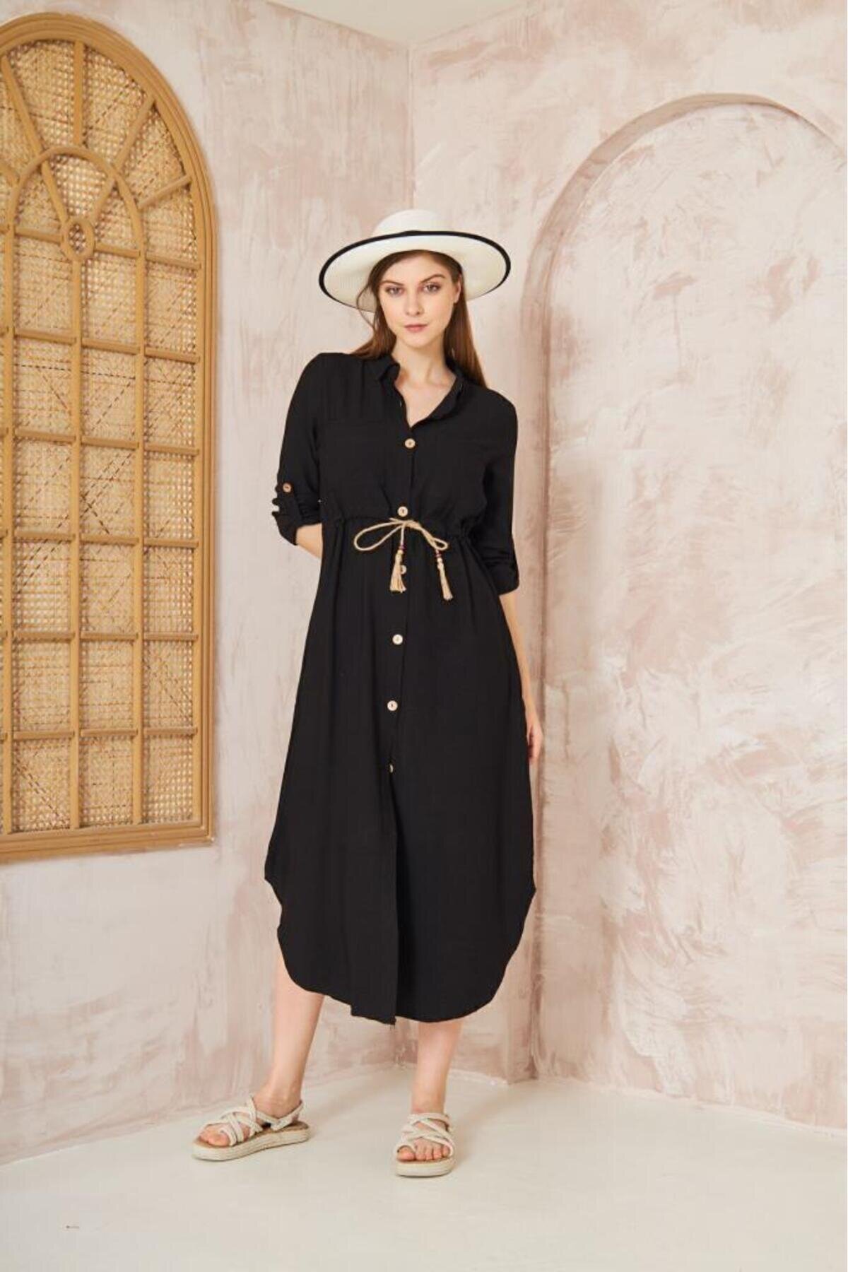 Midi Long-Sleeve Linen Shirt Dress with Gathered Waist - Black - Pasaklı Giyim