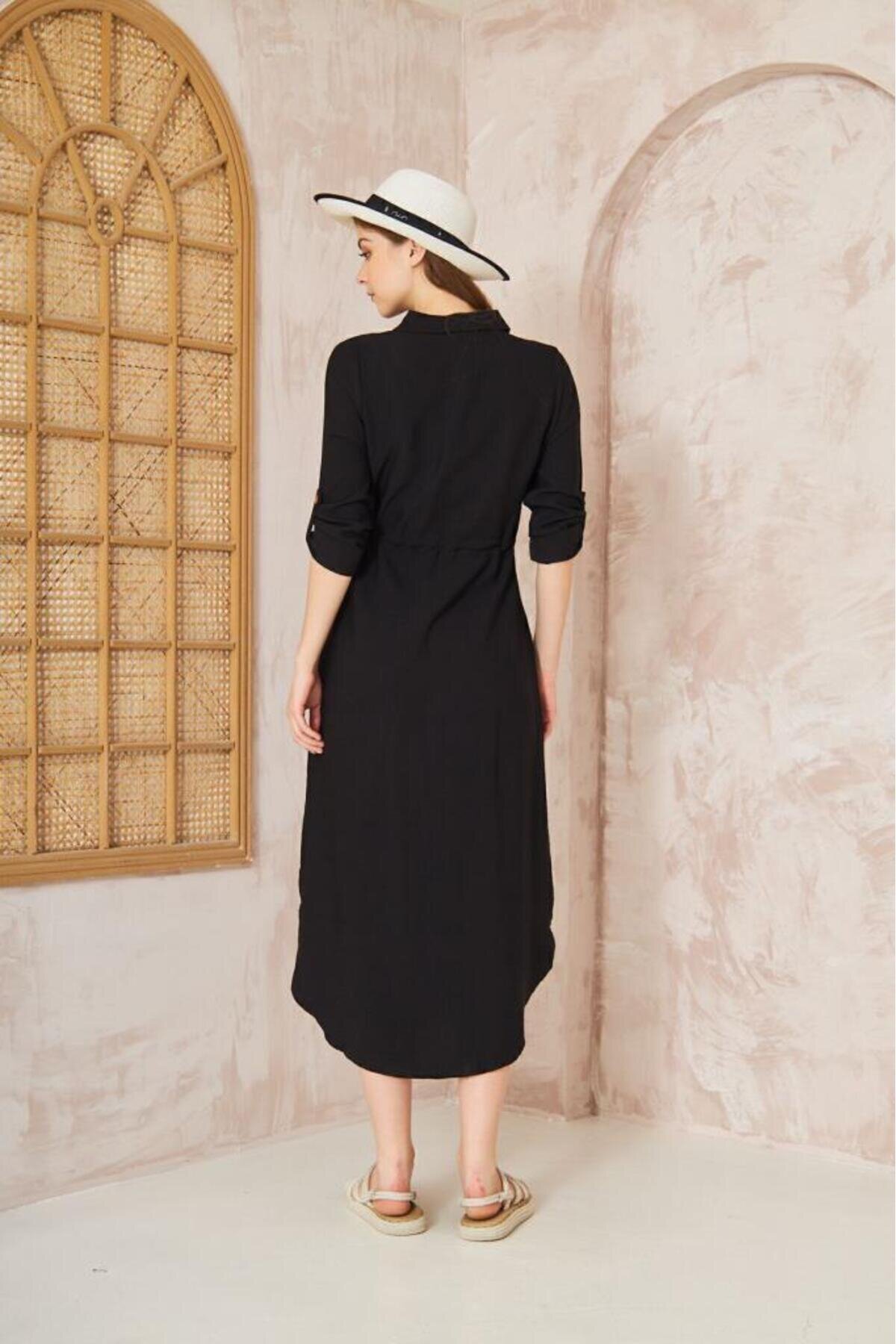 Midi Long-Sleeve Linen Shirt Dress with Gathered Waist - Black - Pasaklı Giyim