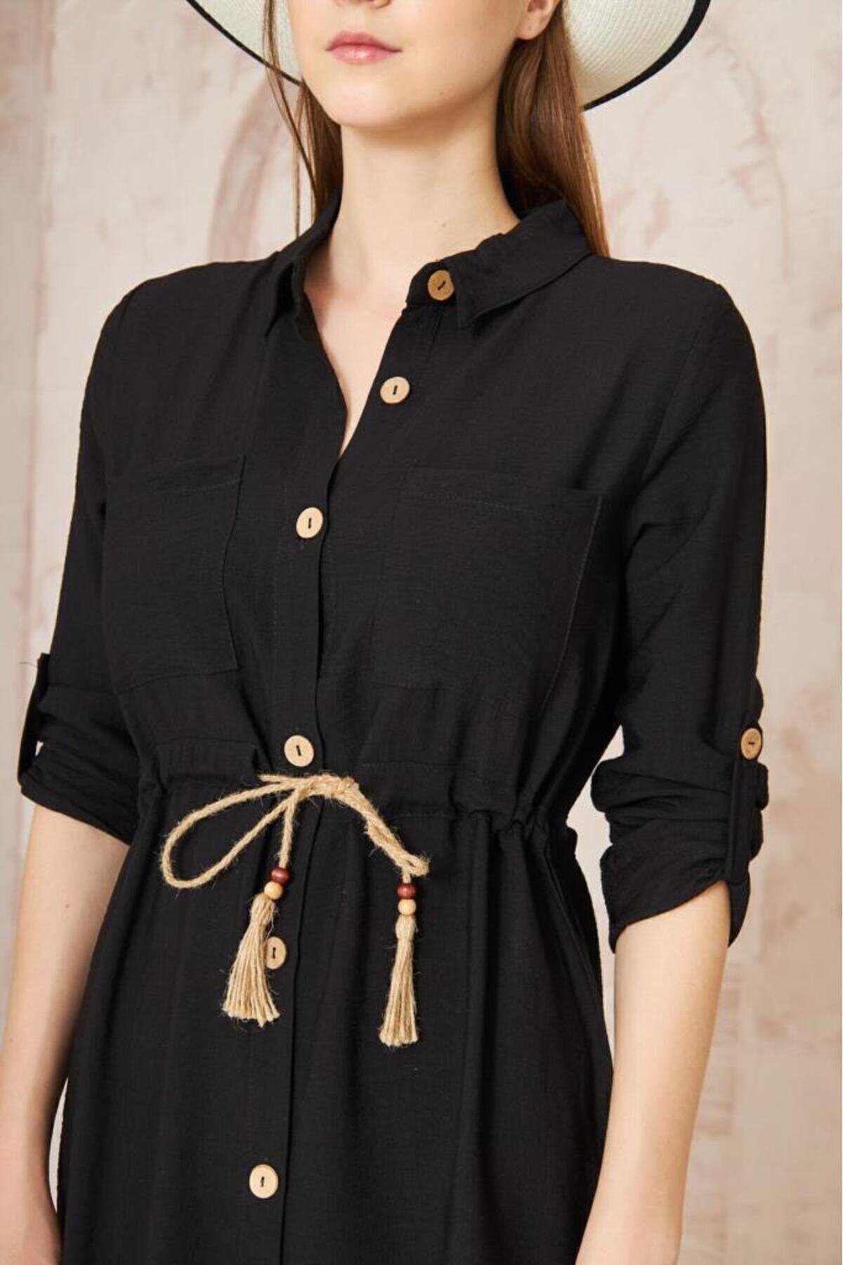 Midi Long-Sleeve Linen Shirt Dress with Gathered Waist - Black - Pasaklı Giyim