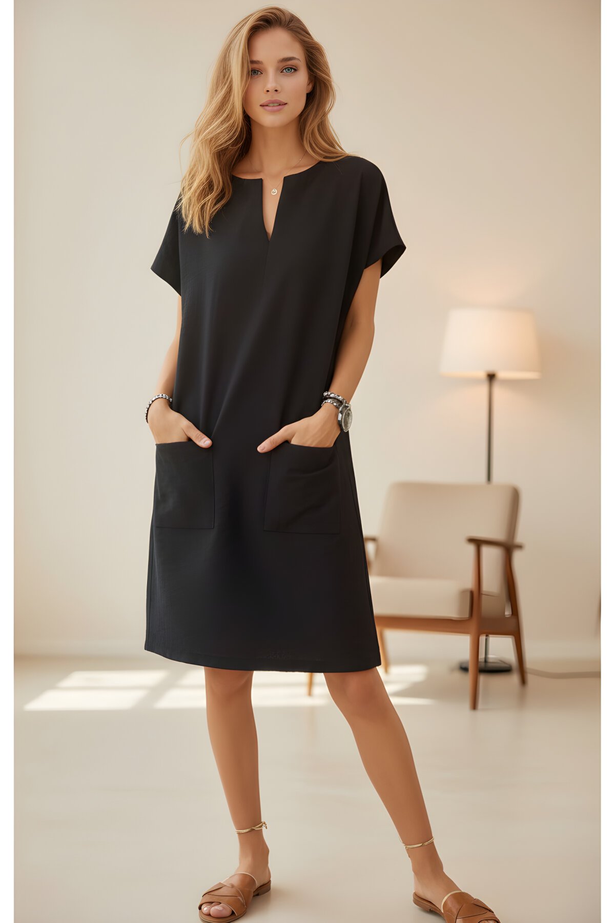 Midi Summer Special Textured Pocketed Dress - Black - Pasaklı Giyim