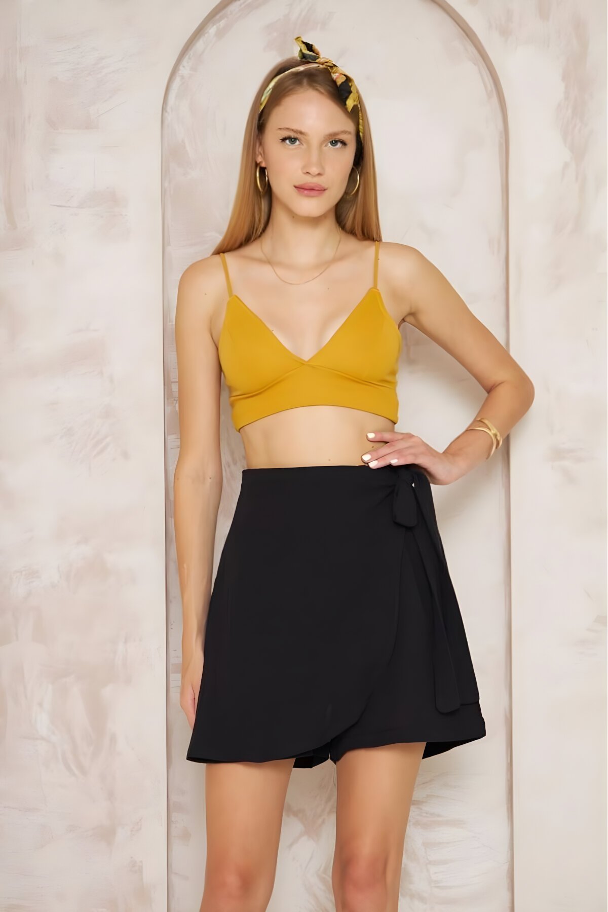 Mini Soft Muslin Cotton Side-Tie Skort - Black - Pasaklı Giyim