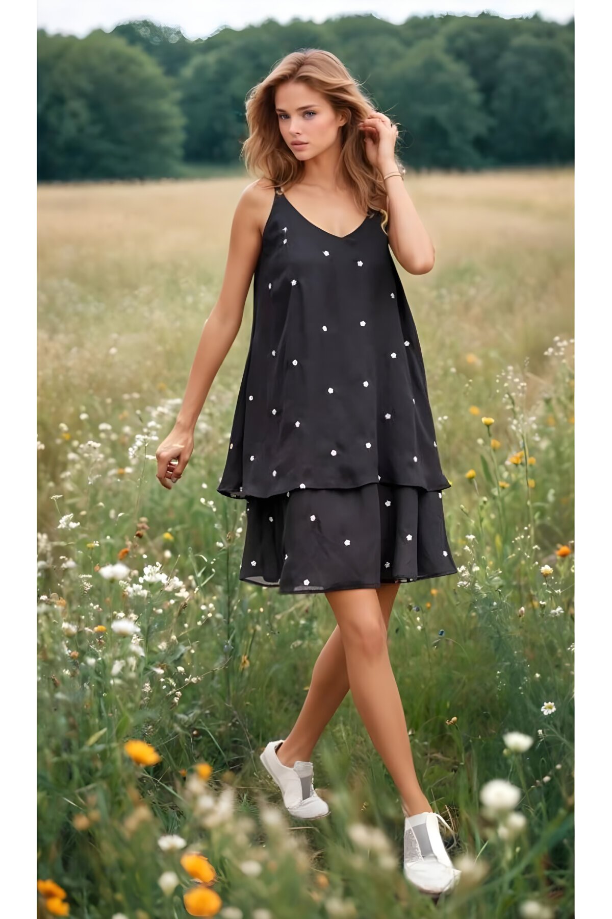 Midi Strappy Throw-on Embroidered Chiffon Dress - Black - Pasaklı Giyim