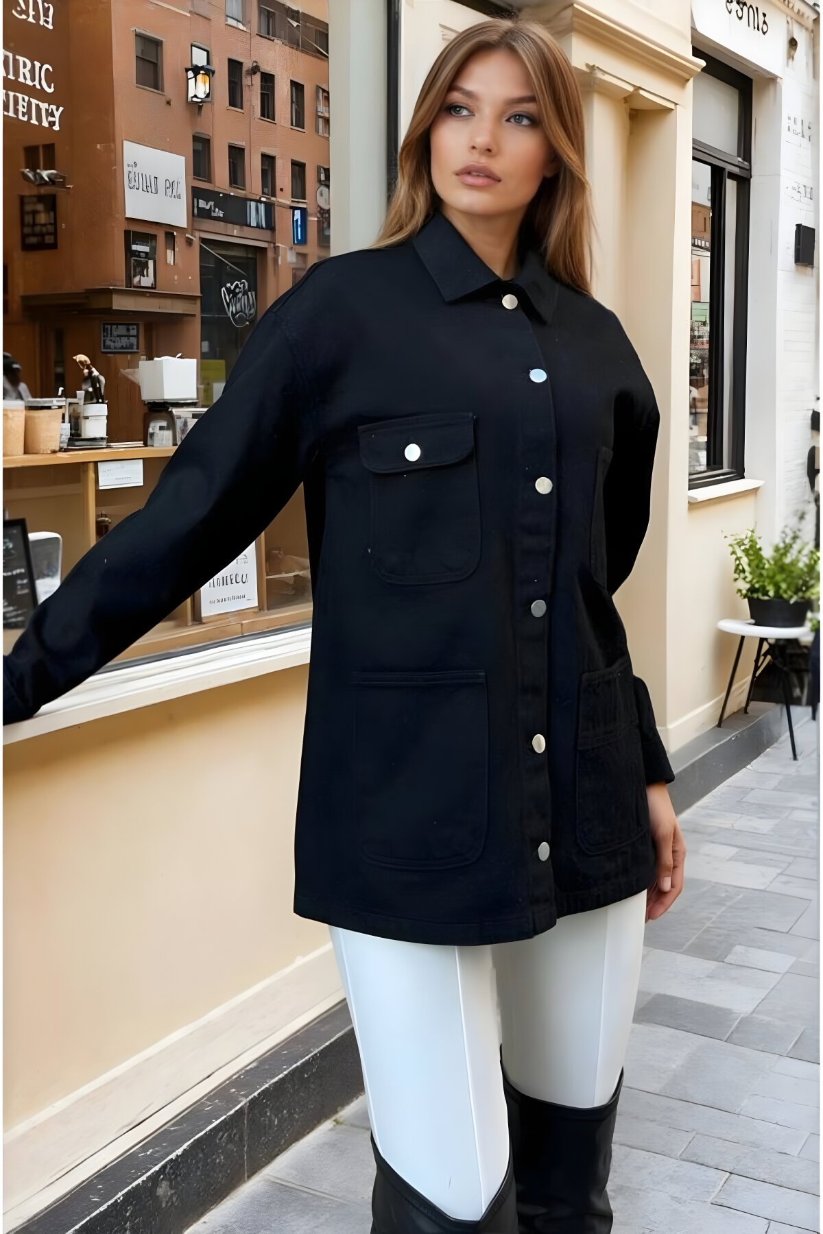 Oversize Gabardine Denim Wide-Pocket Button-Detail Jacket - Black - Pasaklı Giyim