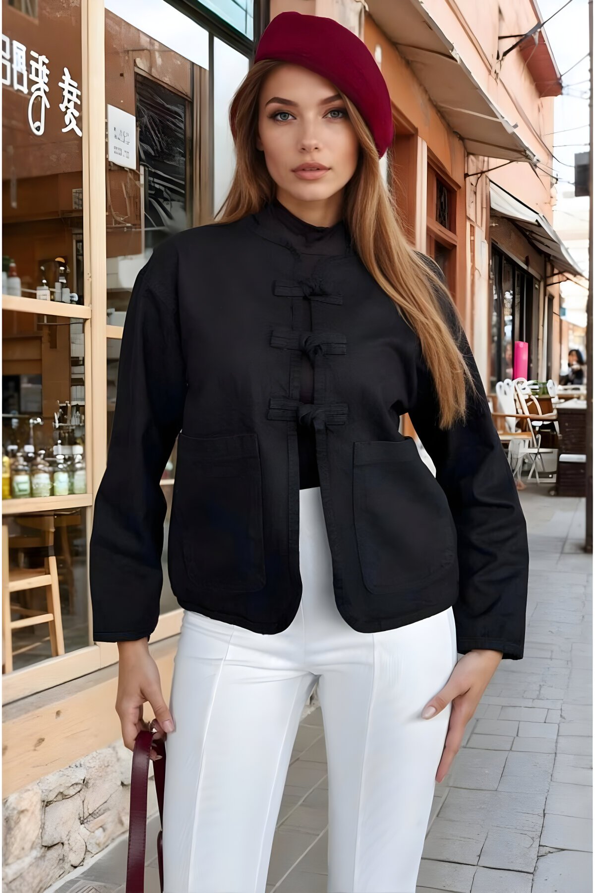 Oversize Oval Cut Denim Tie-Detail Jacket - Black - Pasaklı Giyim