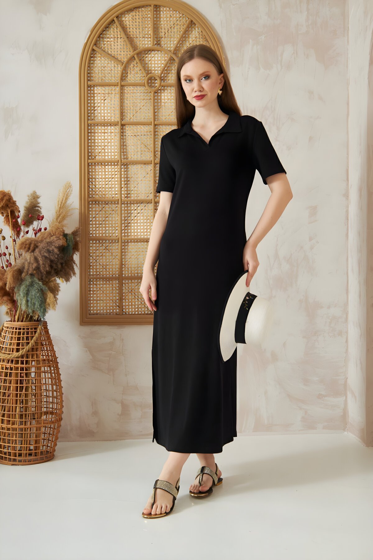 Long Relaxed Fit Short-Sleeved Polo Slit Dress - Black - Pasaklı Giyim