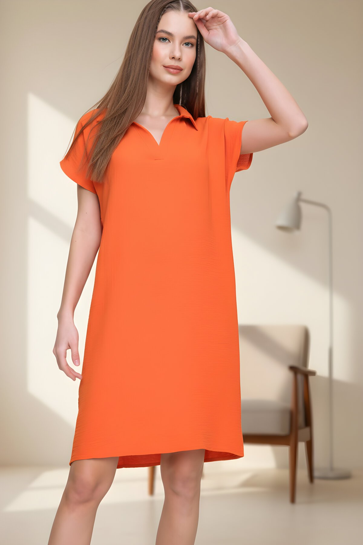 Mini Loose Fit Short-Sleeved Polo Neck Dress - Orange - Pasaklı Giyim