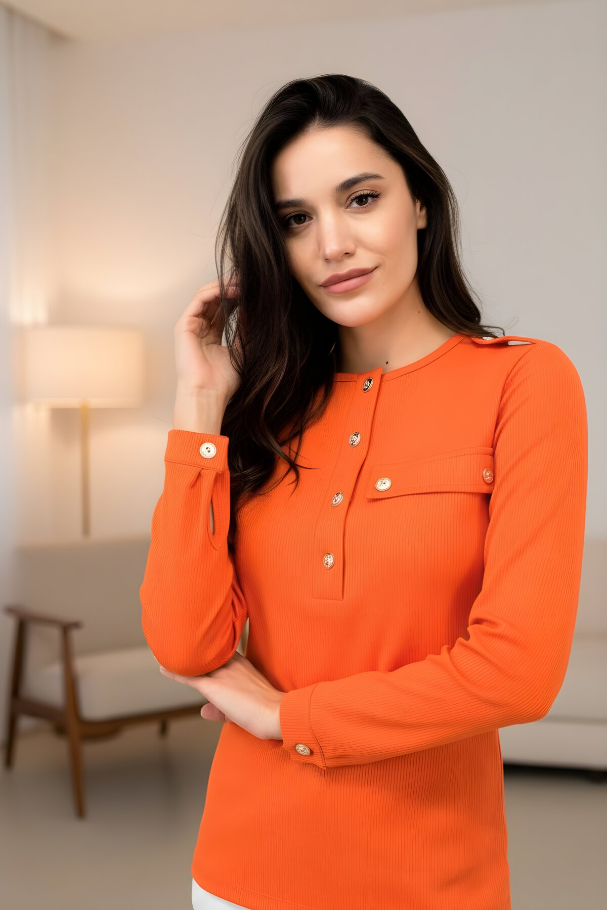 Long-Sleeved Ribbed Knit Epaulet Half-Placket Blouse - Orange - Pasaklı Giyim