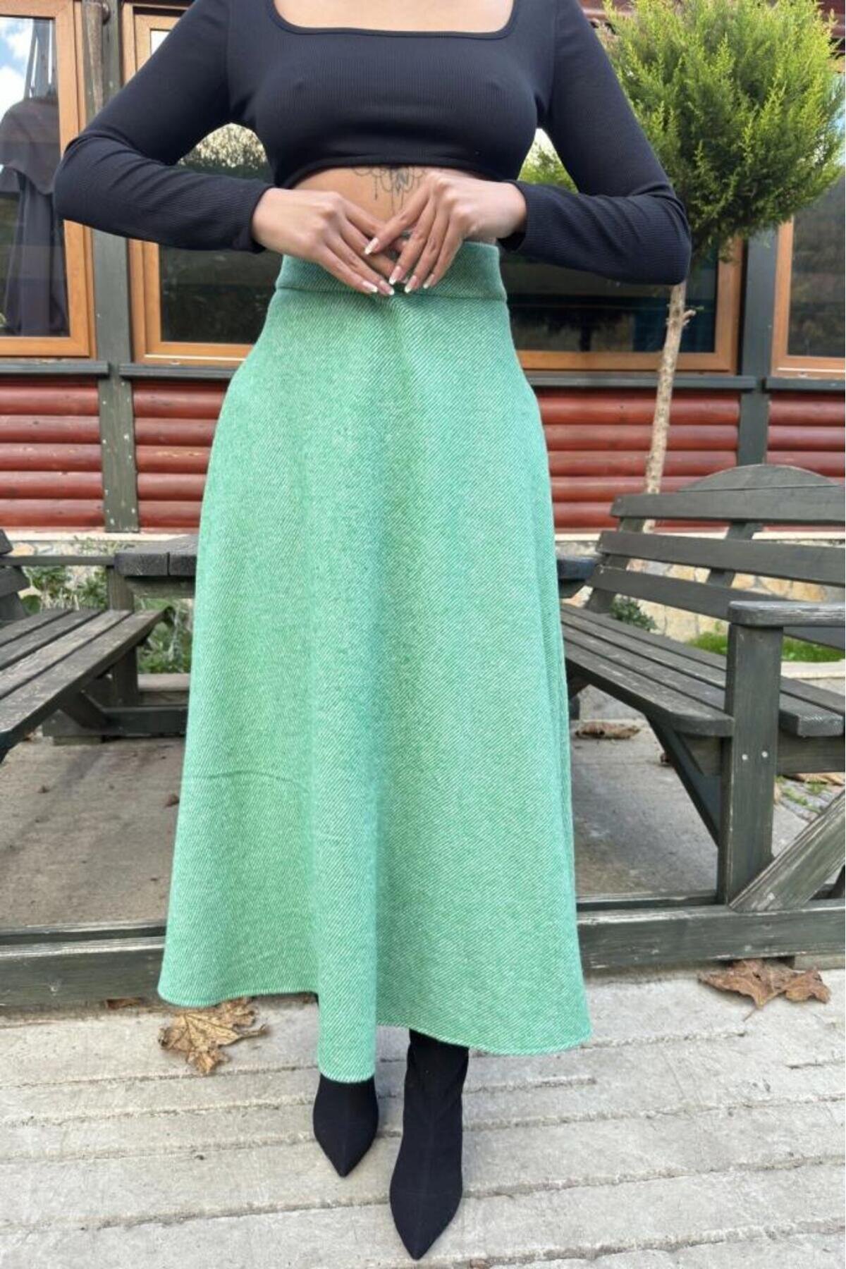 Long High-Waist Flared Mélange Winter Skirt - Green - Pasaklı Giyim