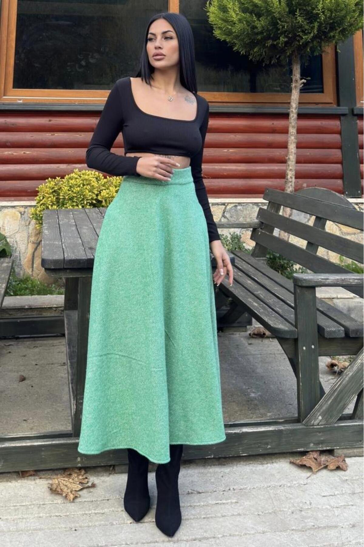 Long High-Waist Flared Mélange Winter Skirt - Green - Pasaklı Giyim
