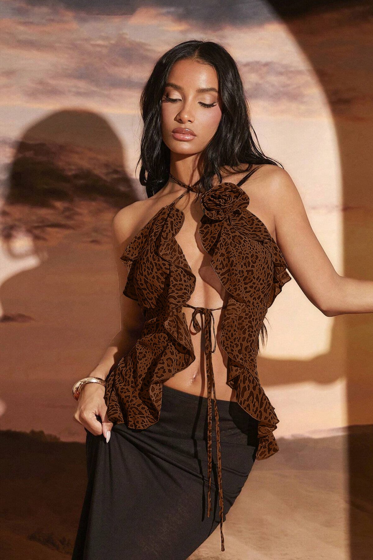 Leopard Tie-Detail Ruffle Bustier - Brown - Randevu