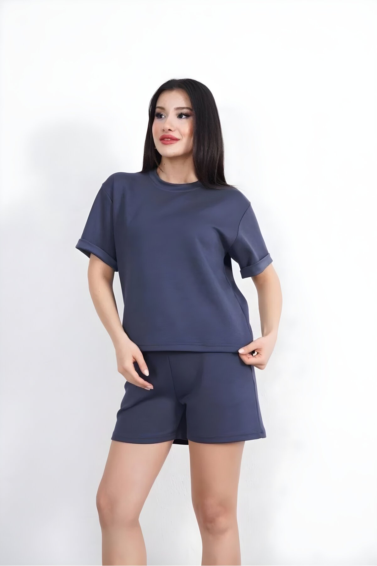 Short Soft Textured Osy Modal Crew Neck T-shirt Set - Anthracite - RAWEA FASHİON