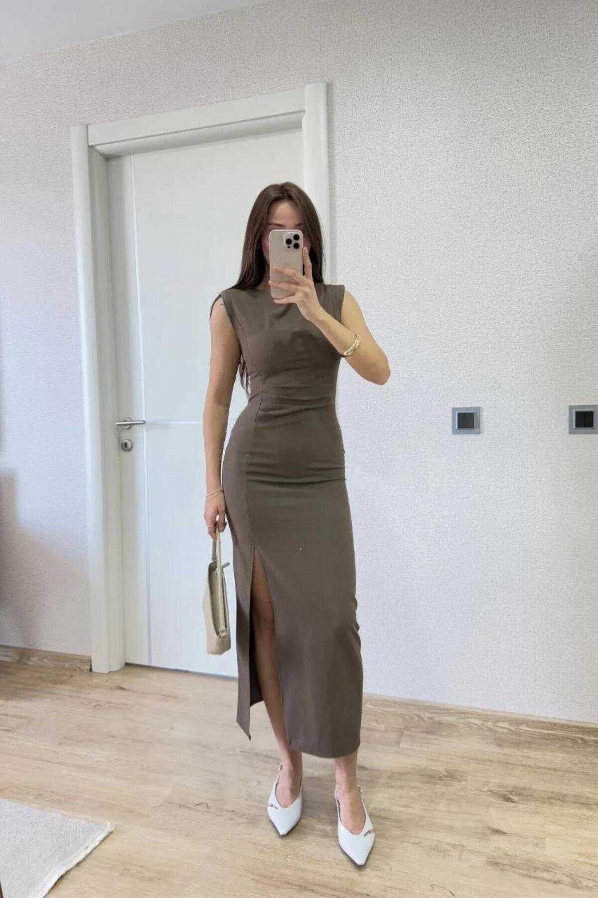 فستان ميدي لون أنثراسيت بتفصيل شق عميق - RAWEA FASHİON