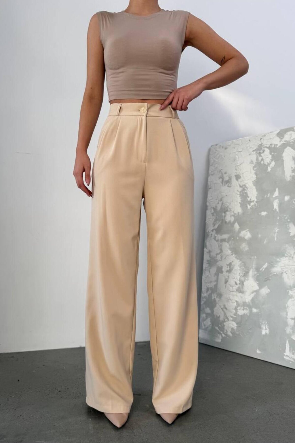 بنطلون بالازو قماش دابل بيج بخصر مطاطي - RAWEA FASHİON