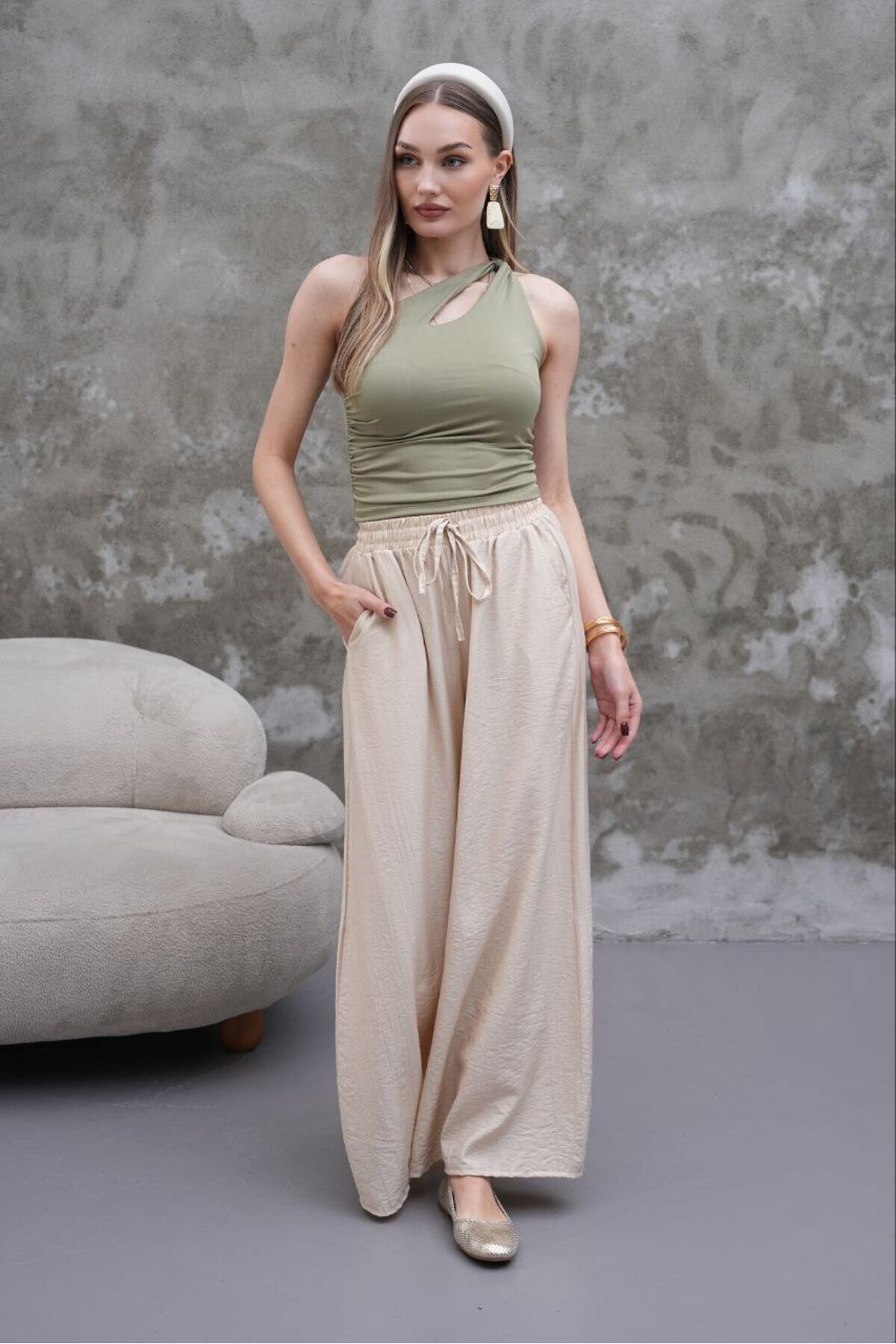 بنطلون تنورة بيج من قماش المودال - RAWEA FASHİON