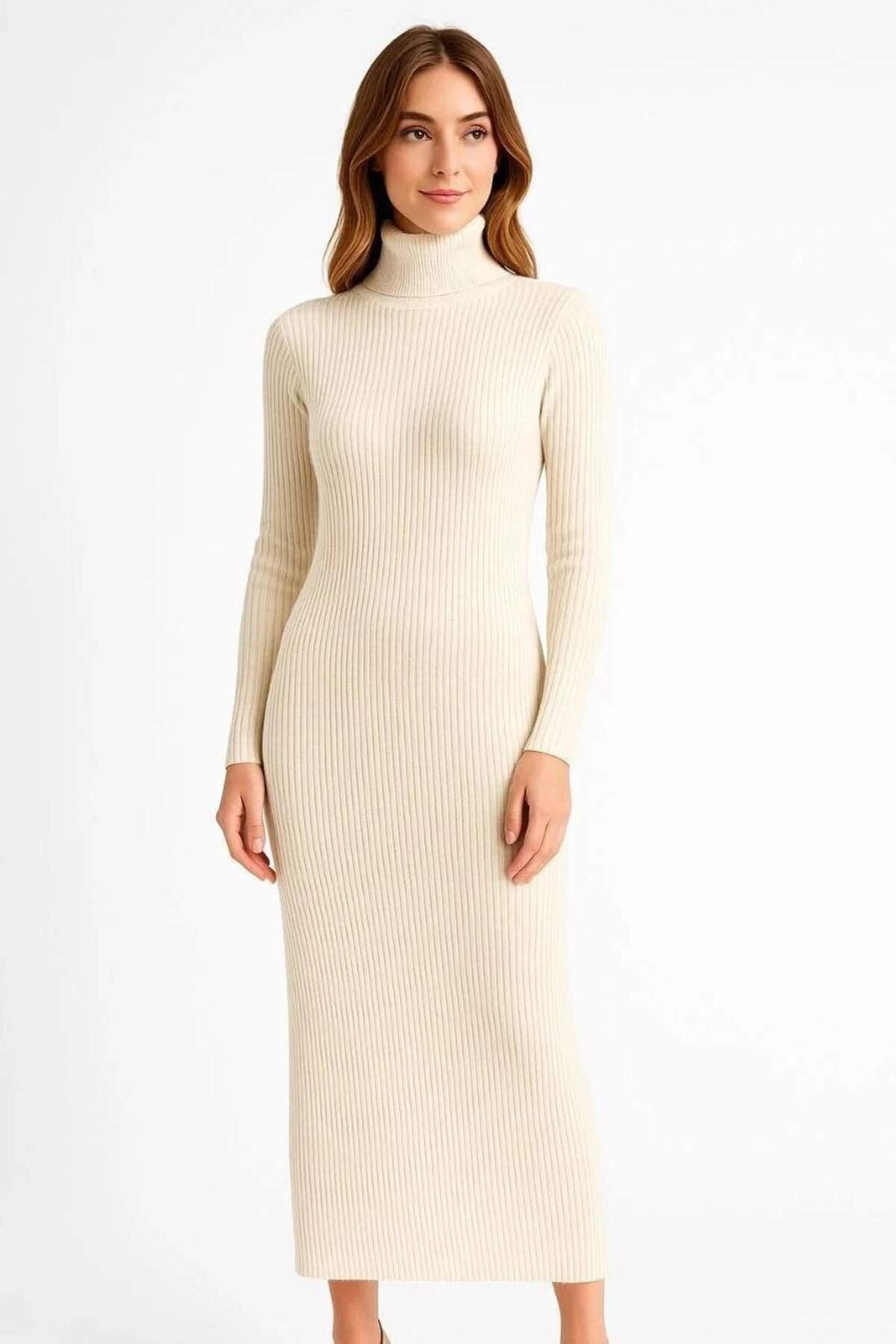 Long Ribbed Knit Turtleneck Dress - White - RAWEA FASHİON