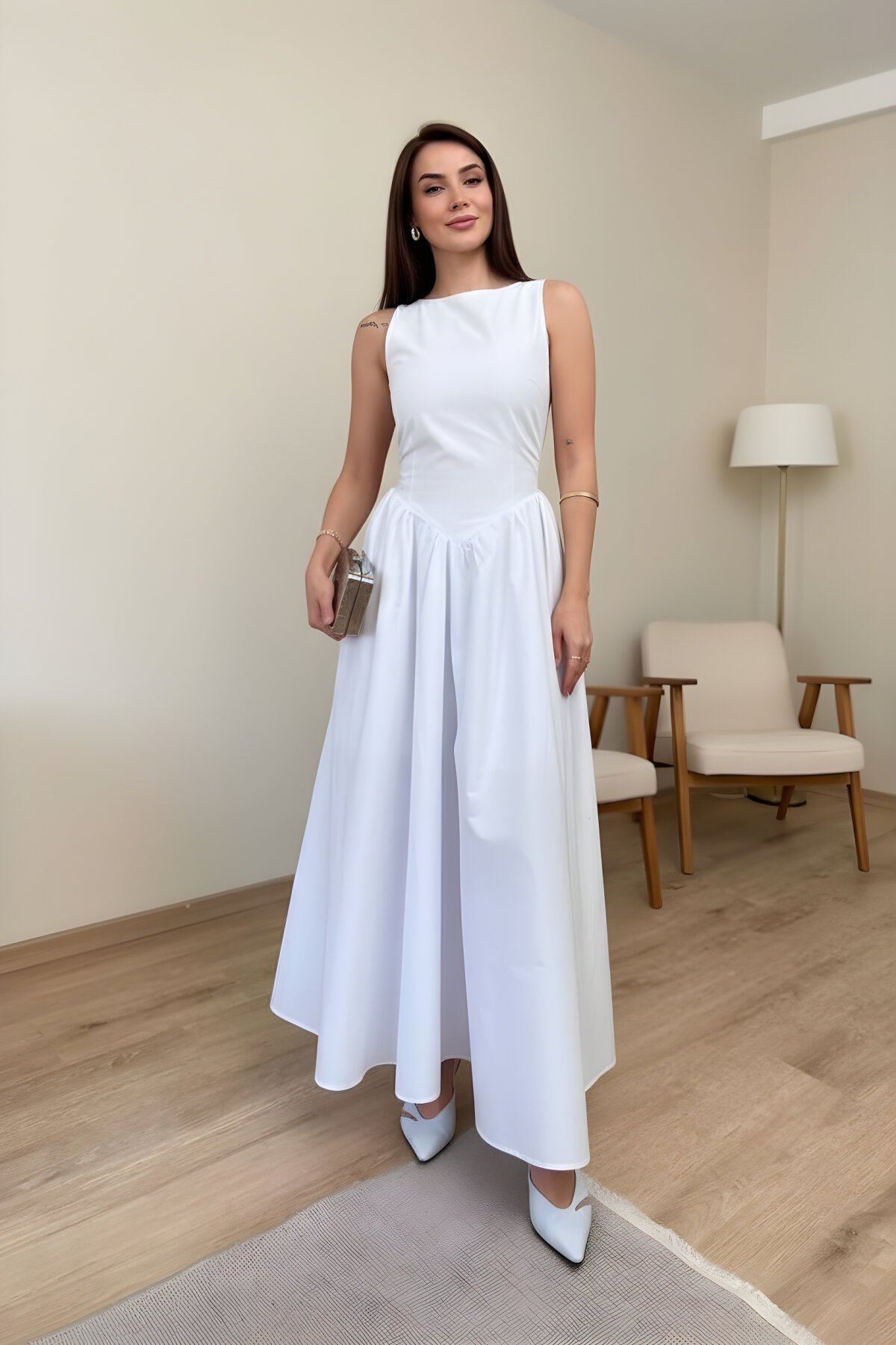 Long Fitted-Waist Sleeveless Dress - White - RAWEA FASHİON