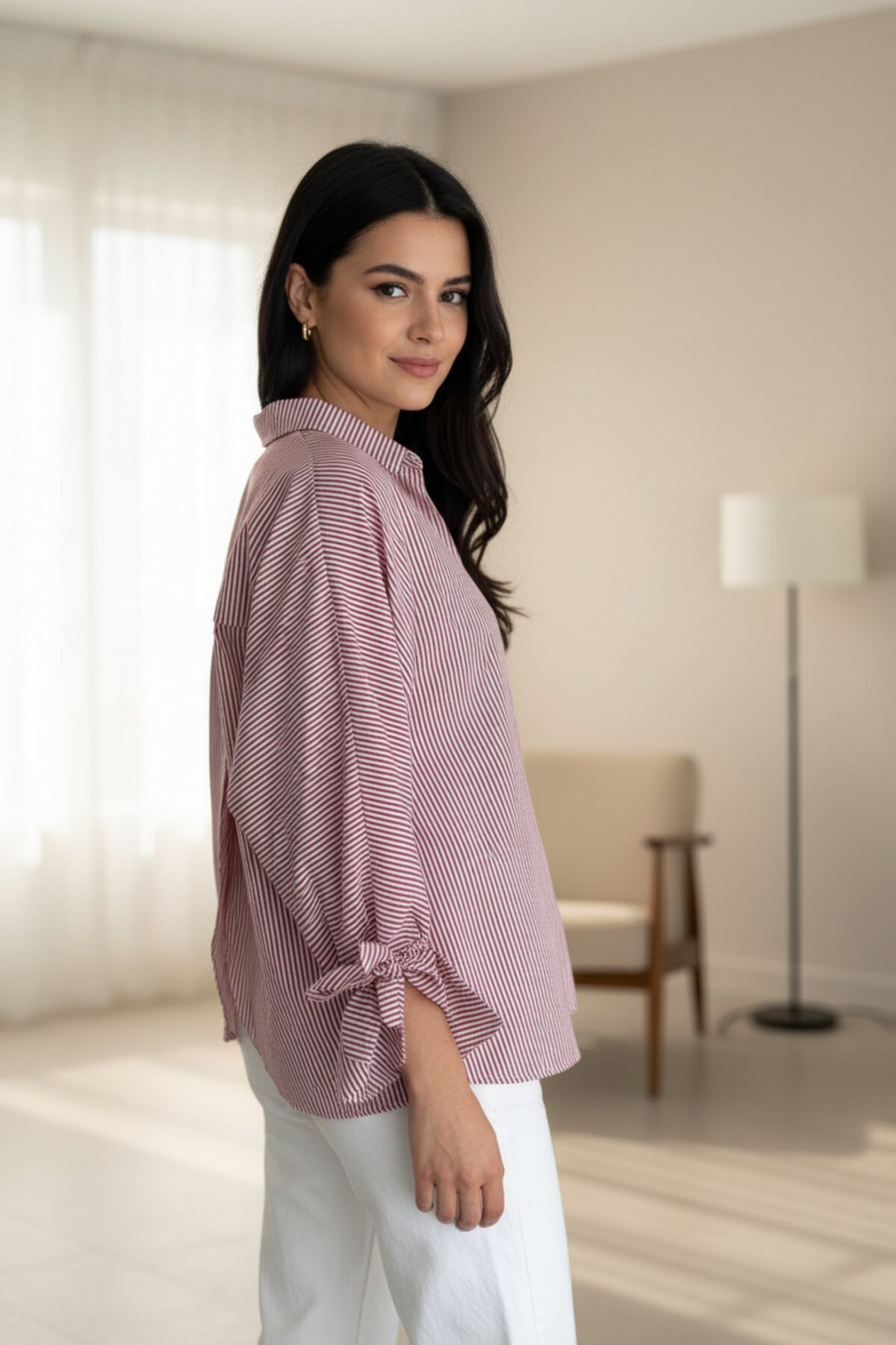 قميص مخطط خمري بفتحة خلفية غير متماثلة - RAWEA FASHİON