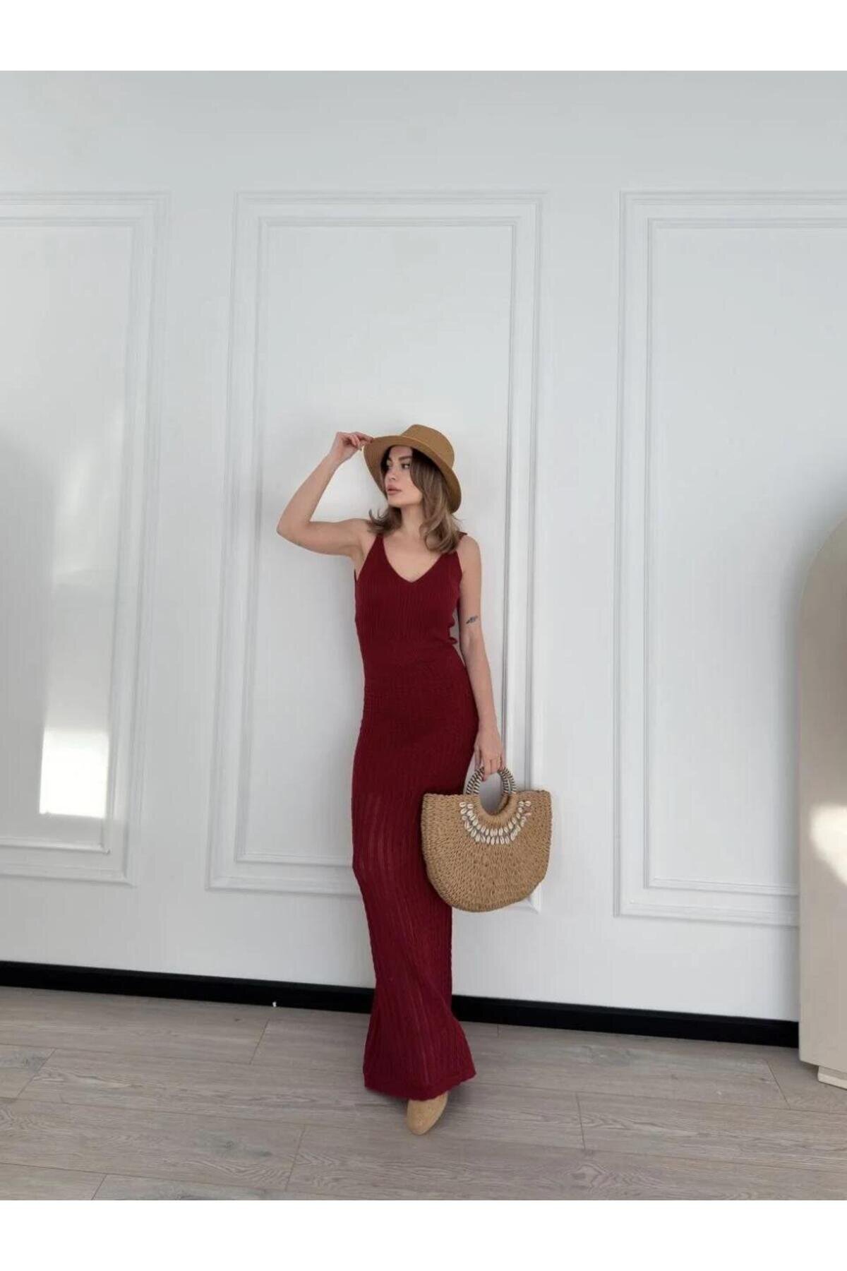 Long Knitted Dress - Burgundy - RAWEA FASHİON