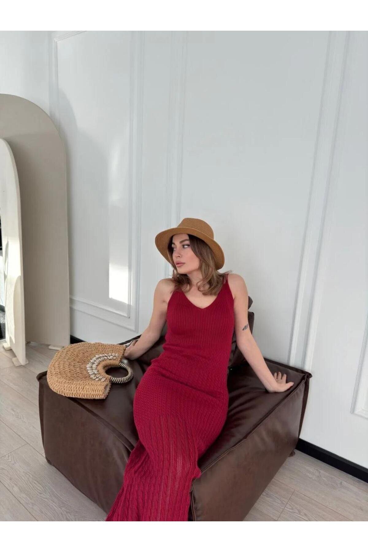 Long Knitted Dress - Burgundy - RAWEA FASHİON