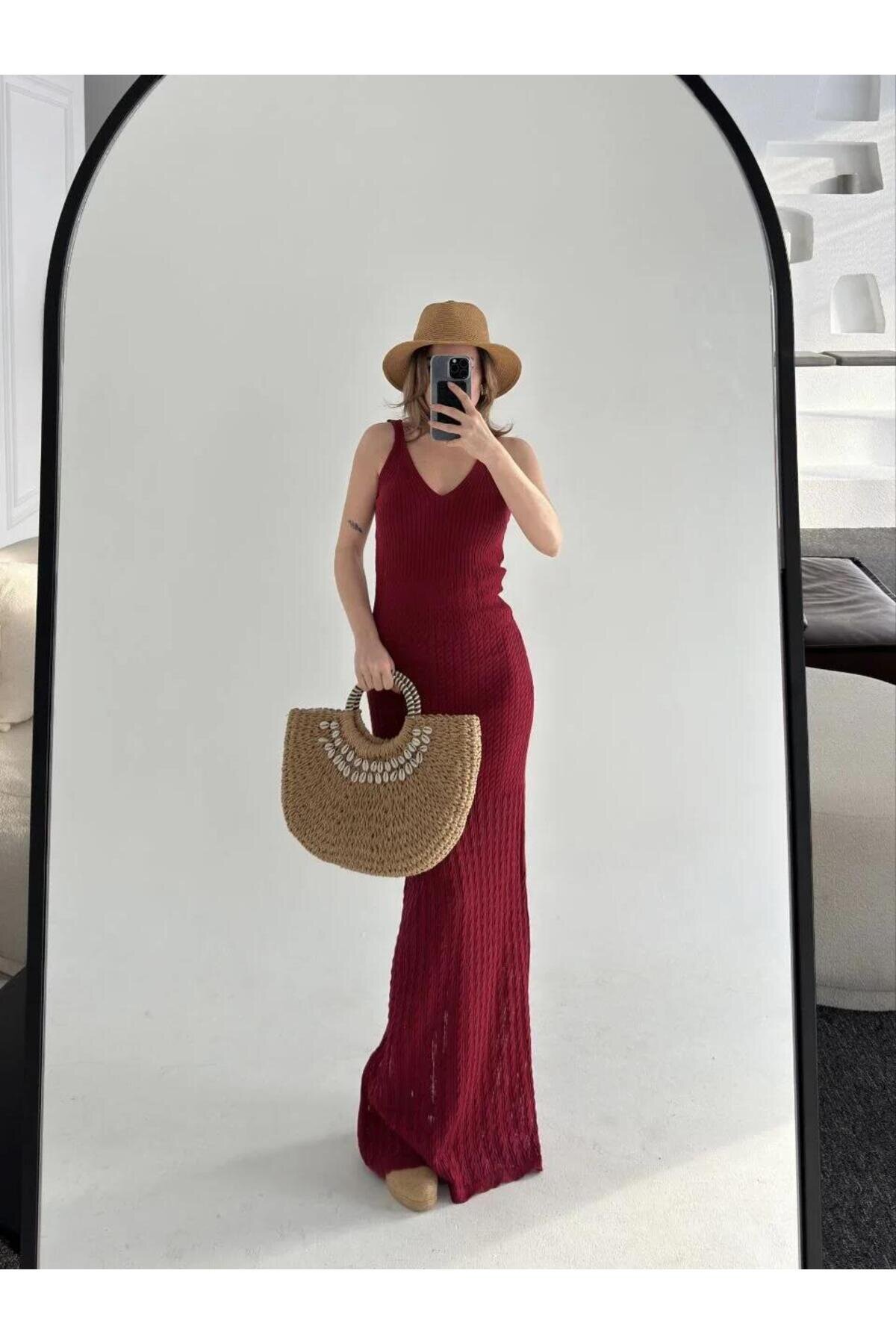 Long Knitted Dress - Burgundy - RAWEA FASHİON