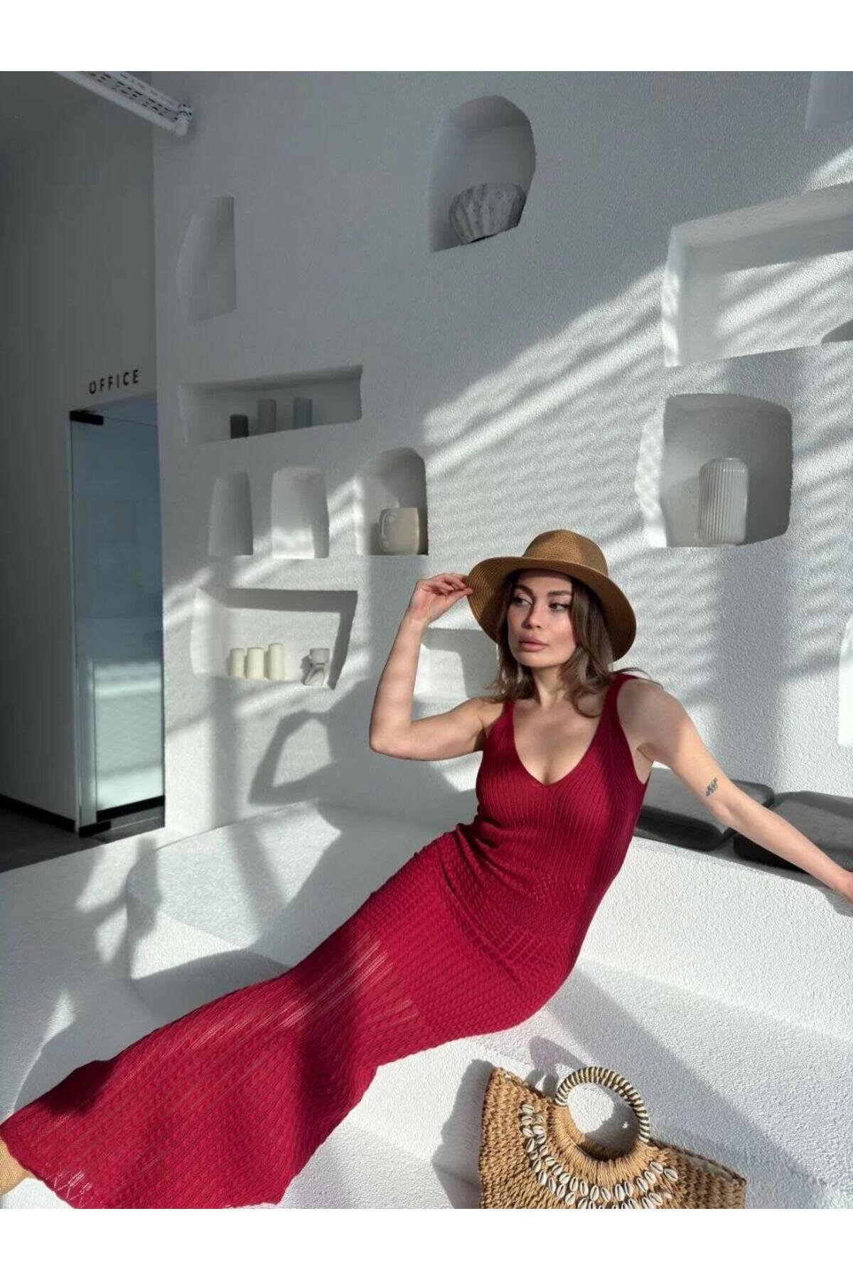 Long Knitted Dress - Burgundy - RAWEA FASHİON