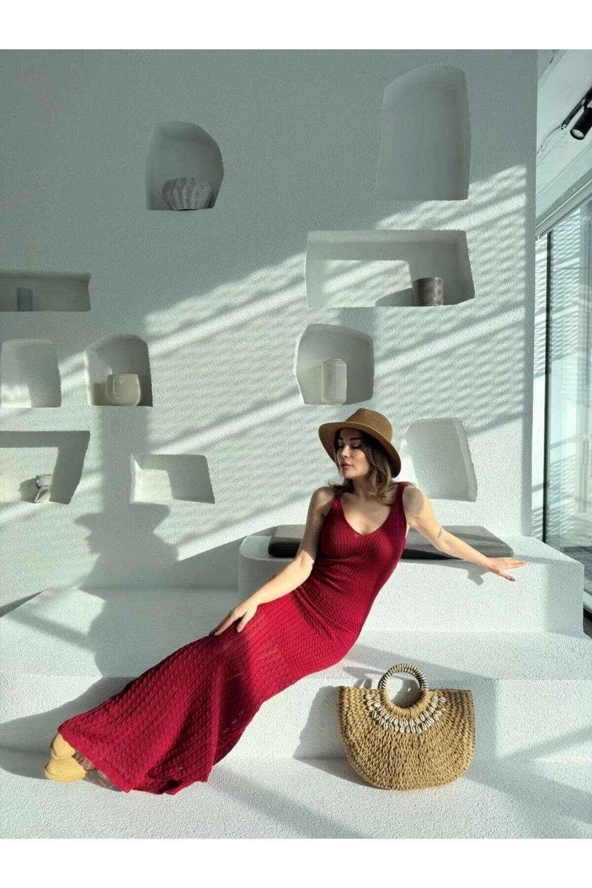 Long Knitted Dress - Burgundy - RAWEA FASHİON