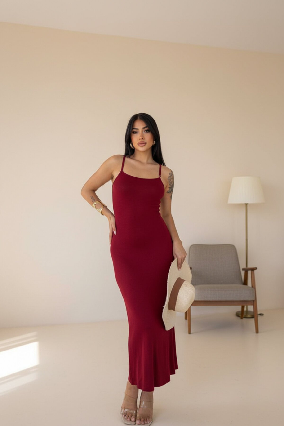 Bordo Uzun Ayarlanabilir Askılı Elbise - RAWEA FASHİON