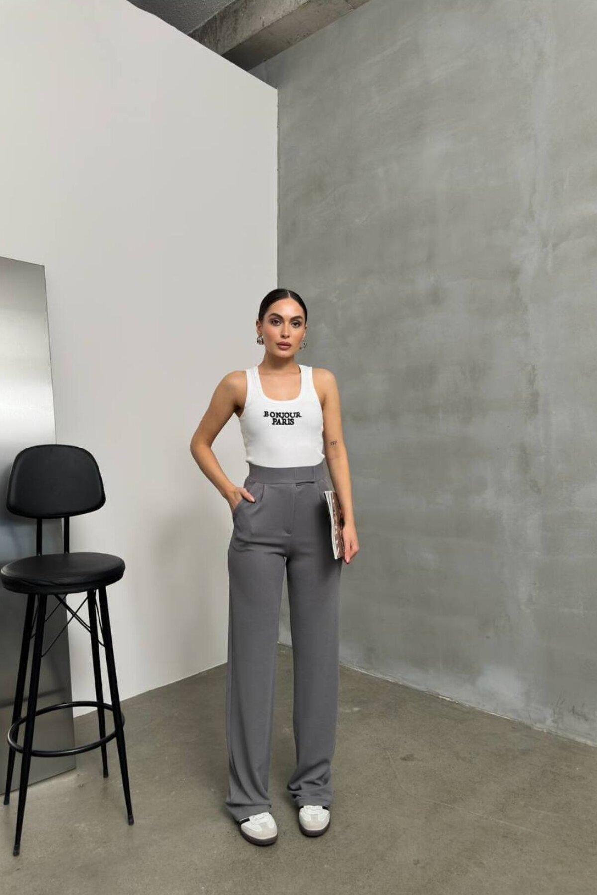 بنطلون بالازو رمادي جاكار بشريط لاصق - RAWEA FASHİON