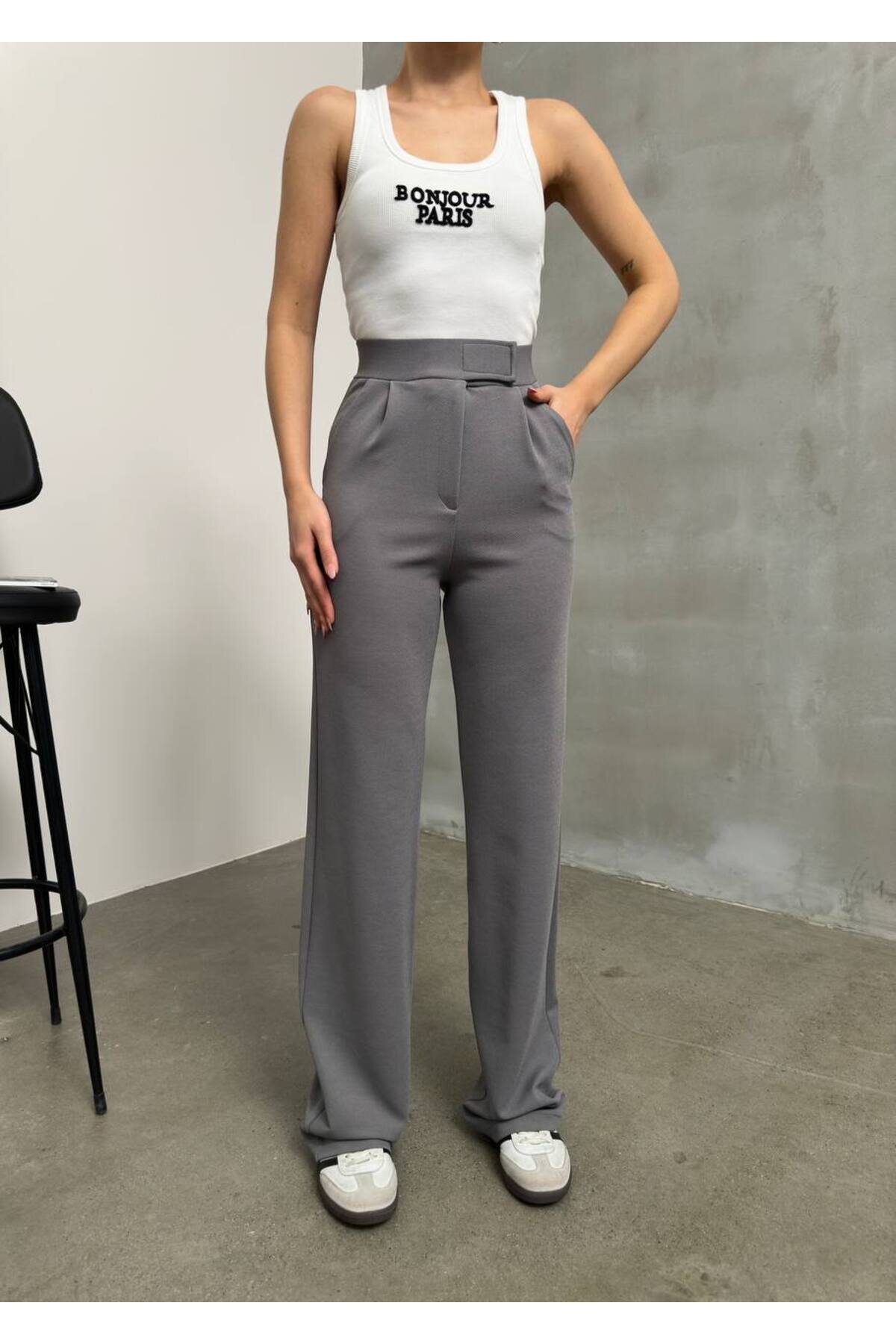 Palazzo Jacquard Velcro-Closure Pants - Grey - RAWEA FASHİON