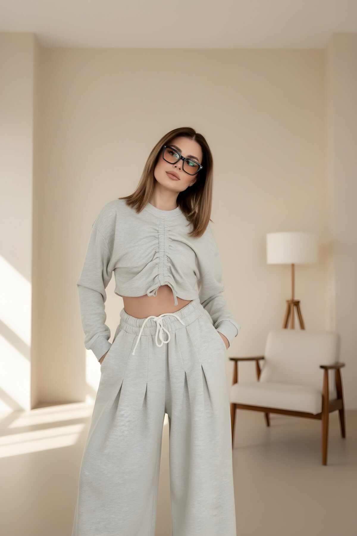 Crop Long Sleeve Drawstring Two-Piece Set - Grey - RAWEA FASHİON