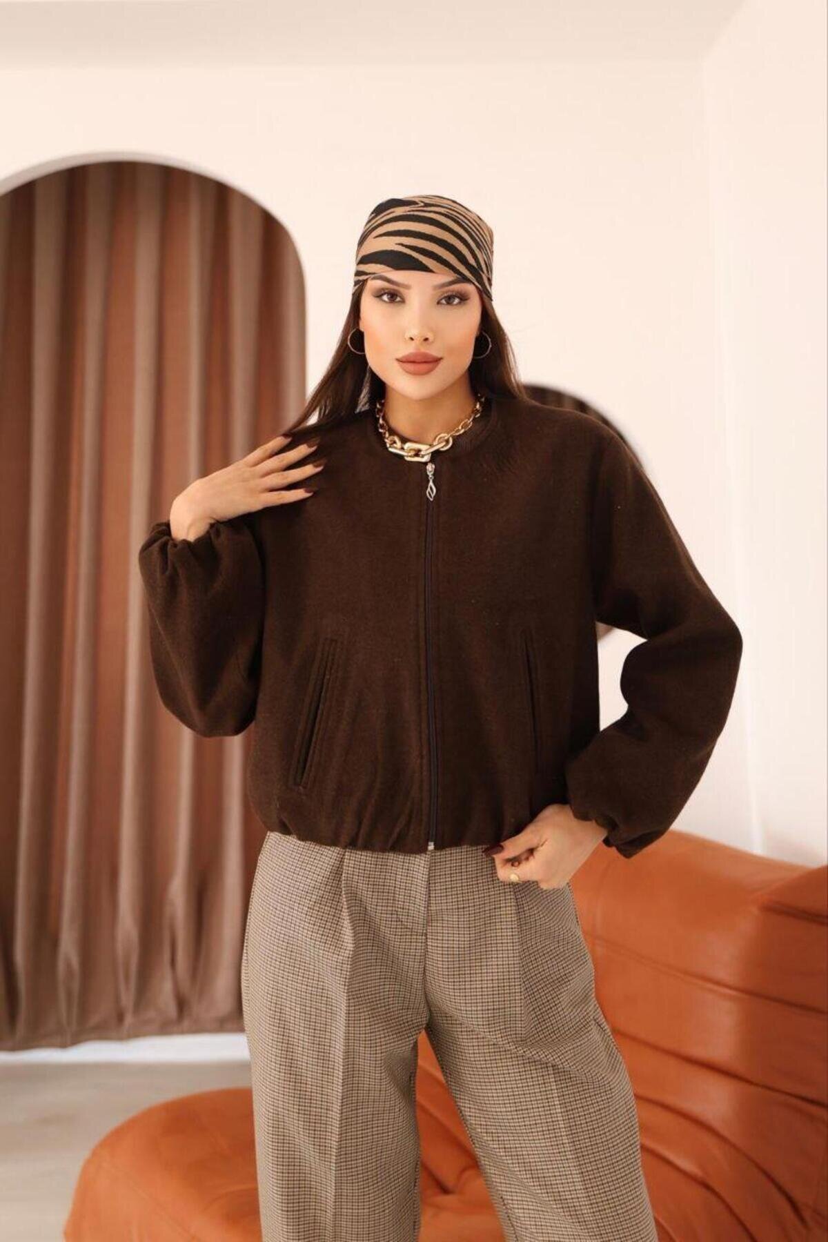 Bomber Felt Elastic-Waist Jacket - Brown - RAWEA FASHİON