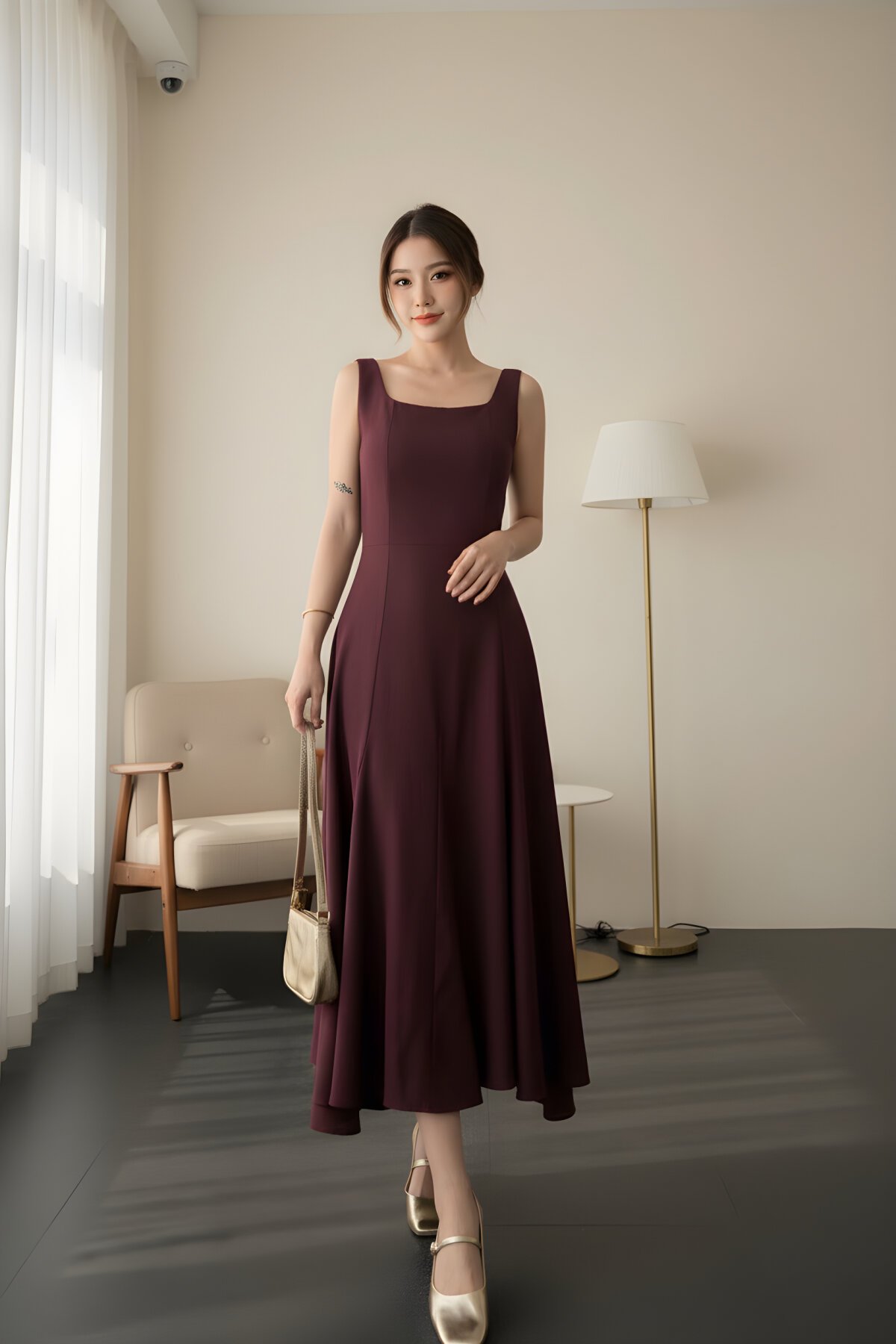 Long Strappy Low-Back Dress - Plum - RAWEA FASHİON