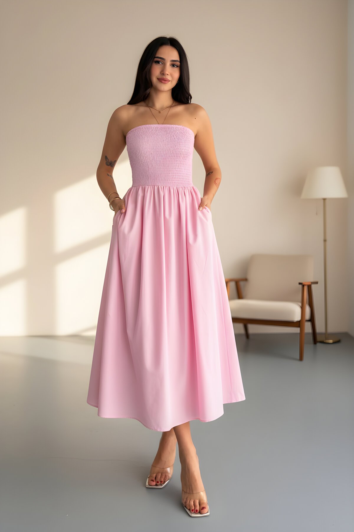 Midi Strapless Pleated Dress - Pink - RAWEA FASHİON