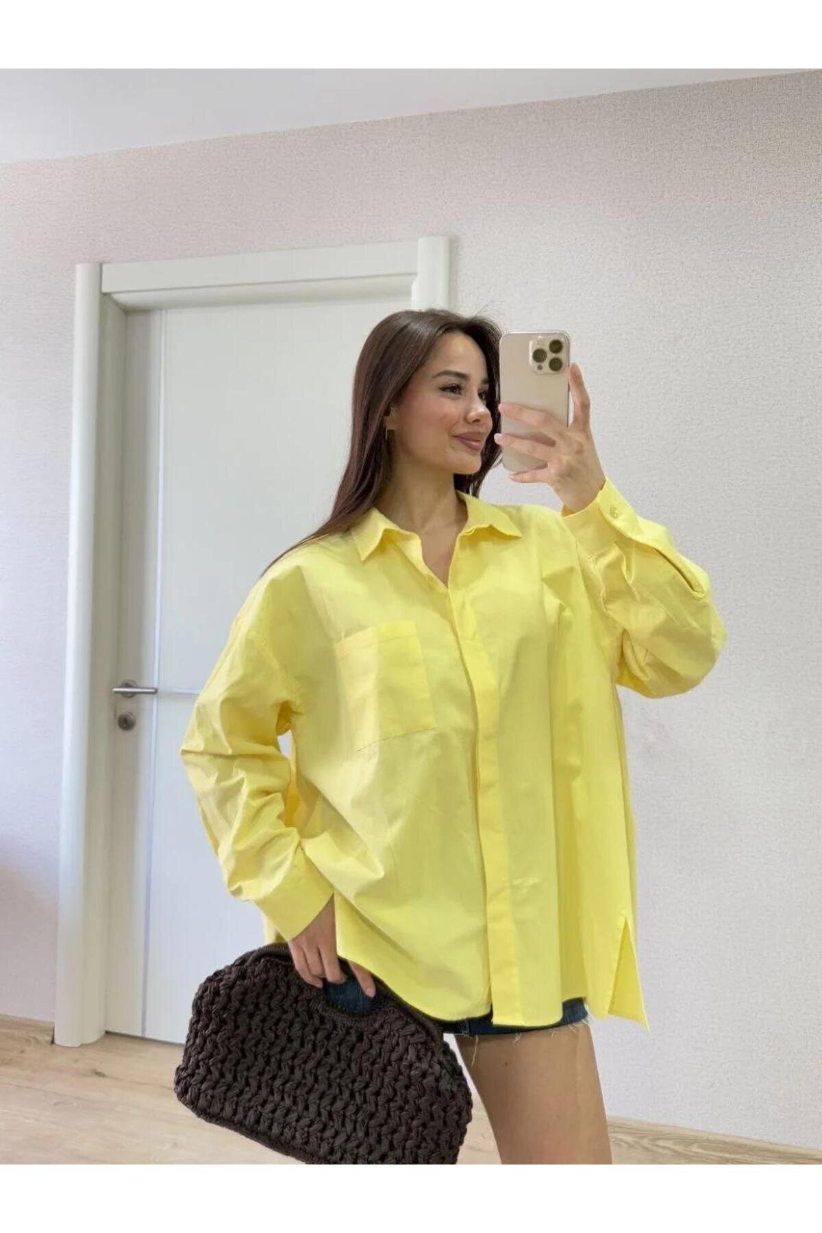 قميص بوبلين أصفر بياقة وفتحة جانبية - RAWEA FASHİON